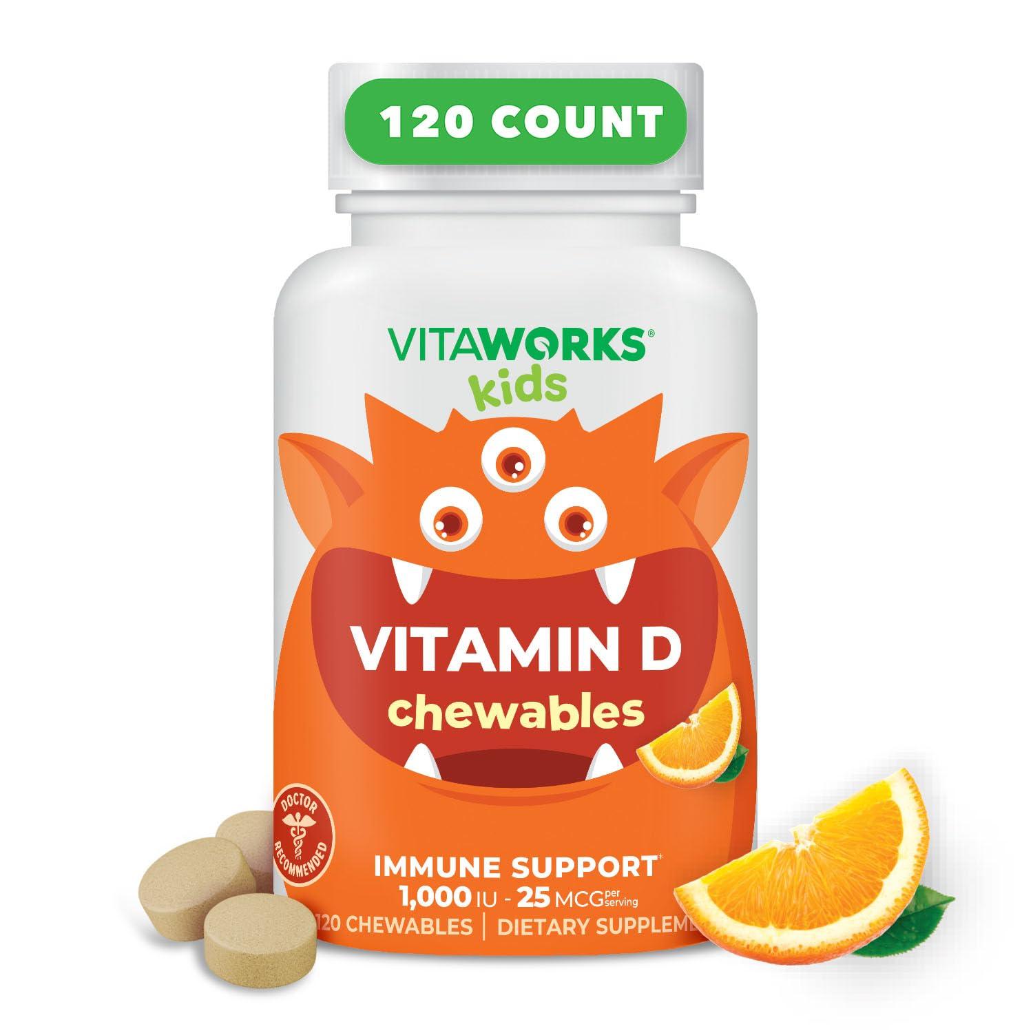 VitaWorks VitaWorks Kids Vitamin D 1000 IU Chewable Tablets - Tasty Natural Orange Flavor - Vegan, GMO-Free, Gluten Free, Nut Free Vitamins - Dietary Supplement for Immune Support - for Children - 120 Chewables