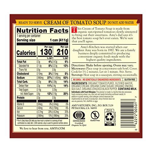 Amy\'s Amys Soup, Cream of Tomato Soup, Gluten Free and Low Fat, Made With Sun-Ripened Tomatoes, Canned Soup, 14.5 Oz