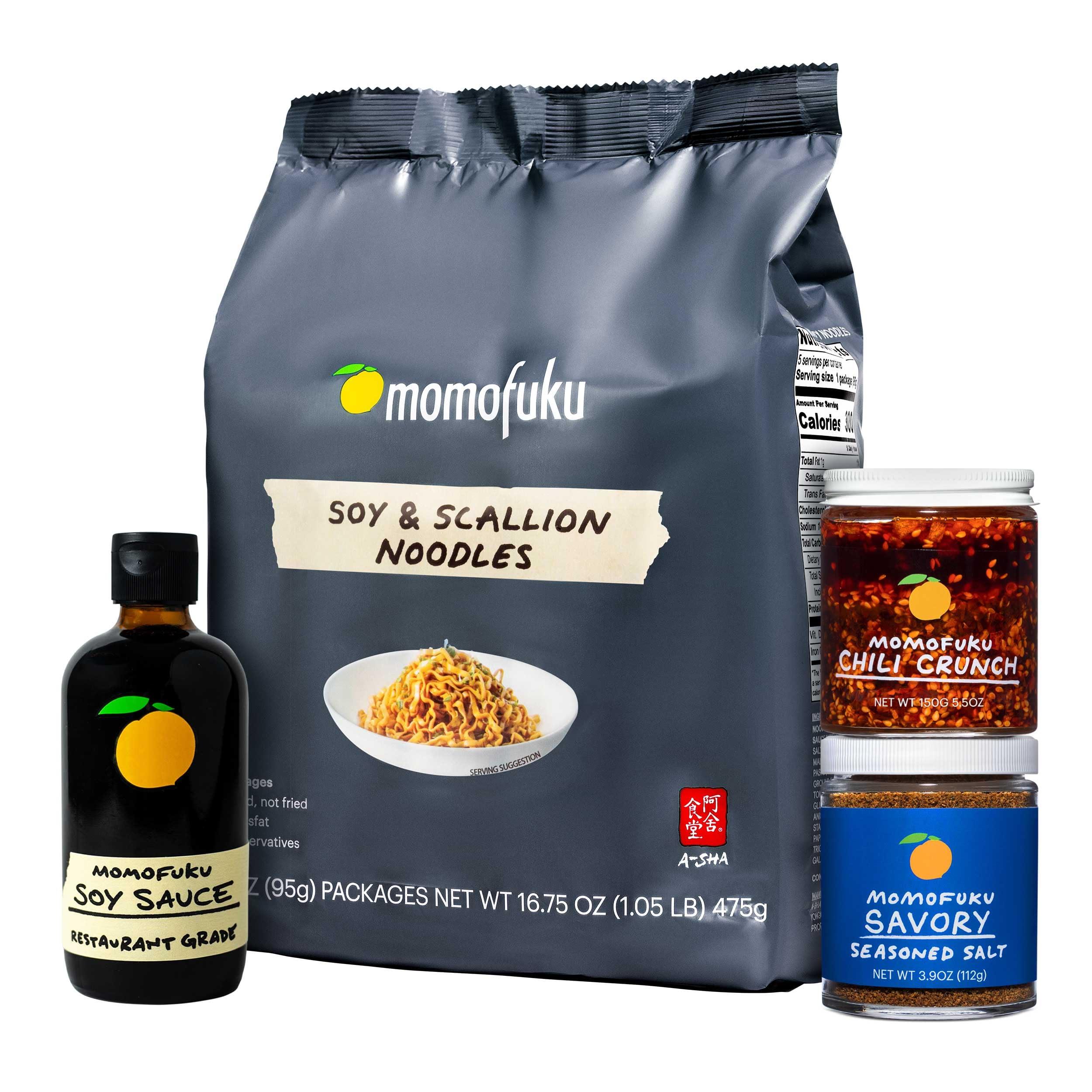 MOMOFUKU Momofuku Original Starter Pack by David Chang, With Original Chili Crunch, Soy & Scallion Ramen, Soy Sauce, & Savory Salt, Seasoning Gift for Foodies