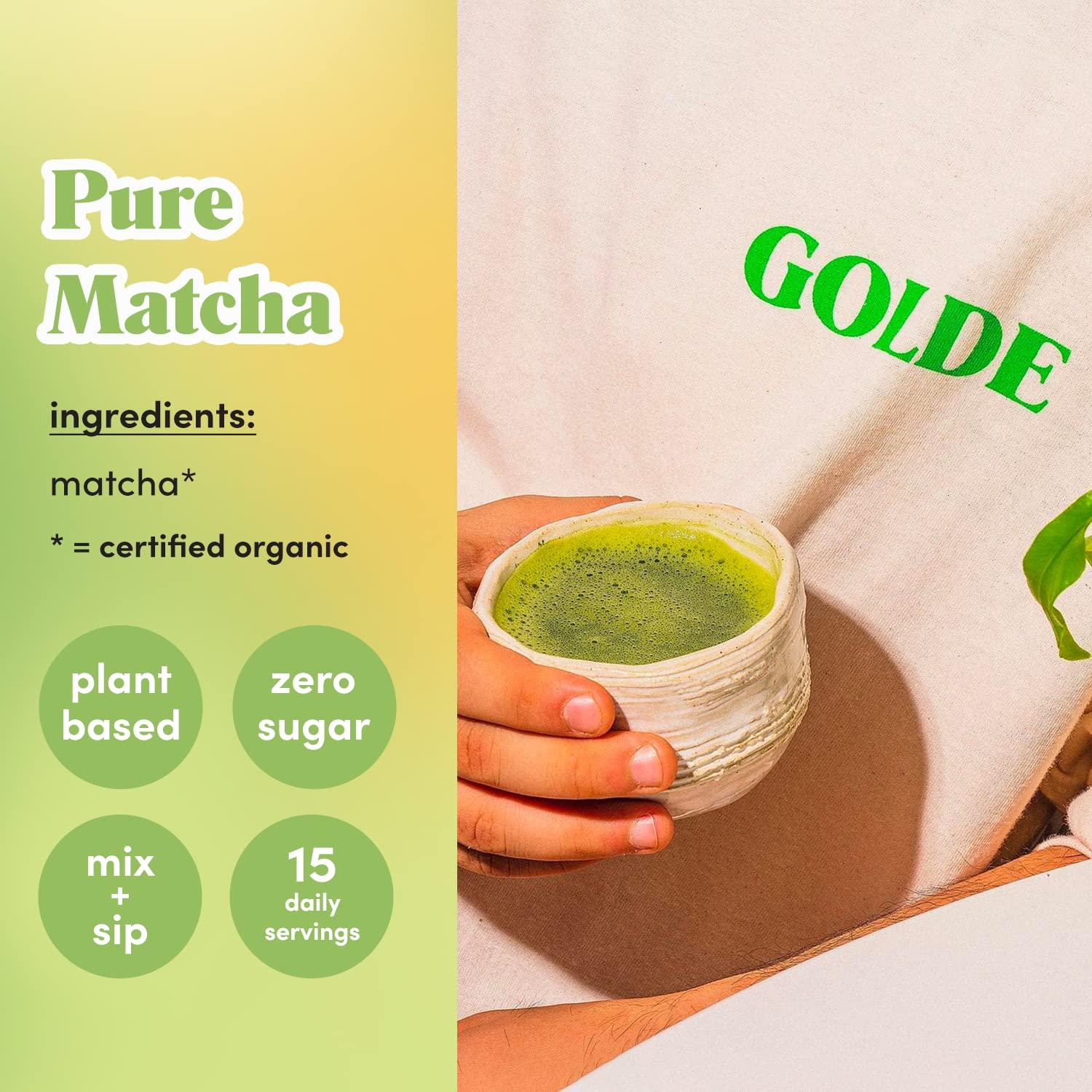 GOLDE GOLDE - Pure Matcha - Ceremonial Grade Matcha Powder - Green Tea Superfood w/L-Theanine & Antioxidants - 60mg Caffeine - Jitter Free Energy - 40g Tin