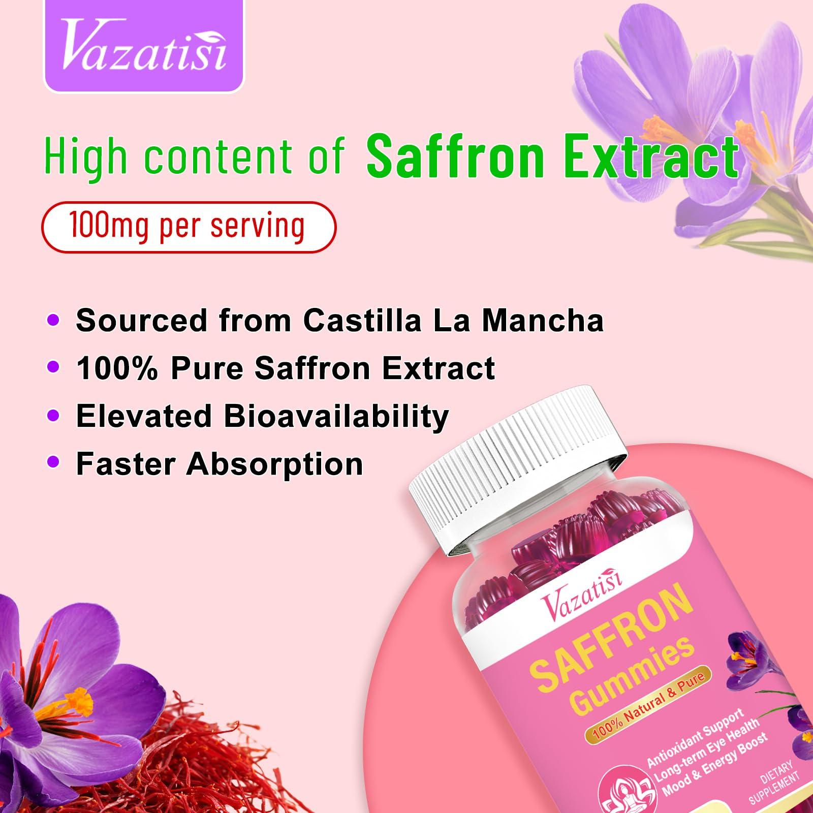 Vazatisi Natural Saffron Gummies - Sugar Free Saffron Supplement with Saffron Extract 100 mg, Magnesium, GABA, Rhodiola - Mood | Focus | Vision | Energy Support - NonGMO Vegan - 120 Gummies, 2 Month Supply