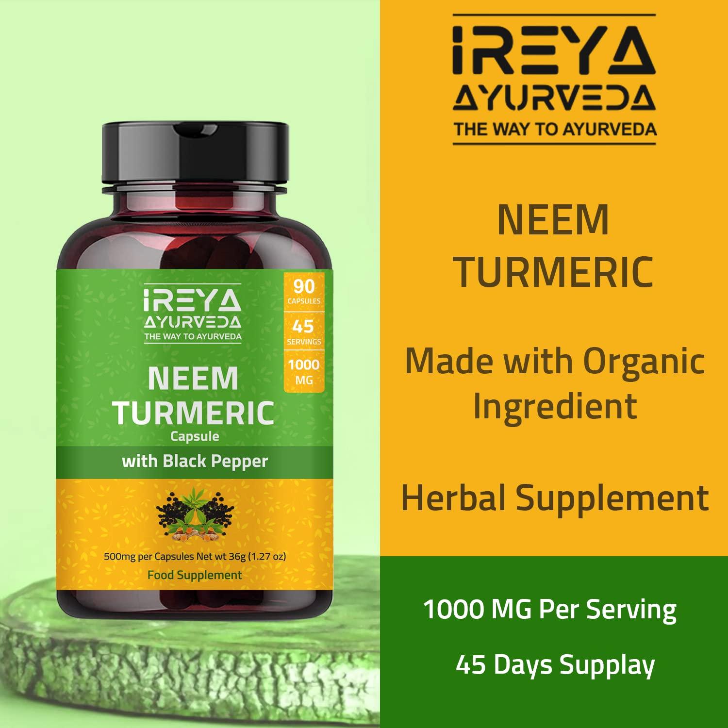 Ireya Ayurveda Neem Turmeric Capsules | 90 Capsules 1000mg | Neem Capsules Made Black Pepper Neem, Turmeric, & Black Pepper | (90 Capsules)