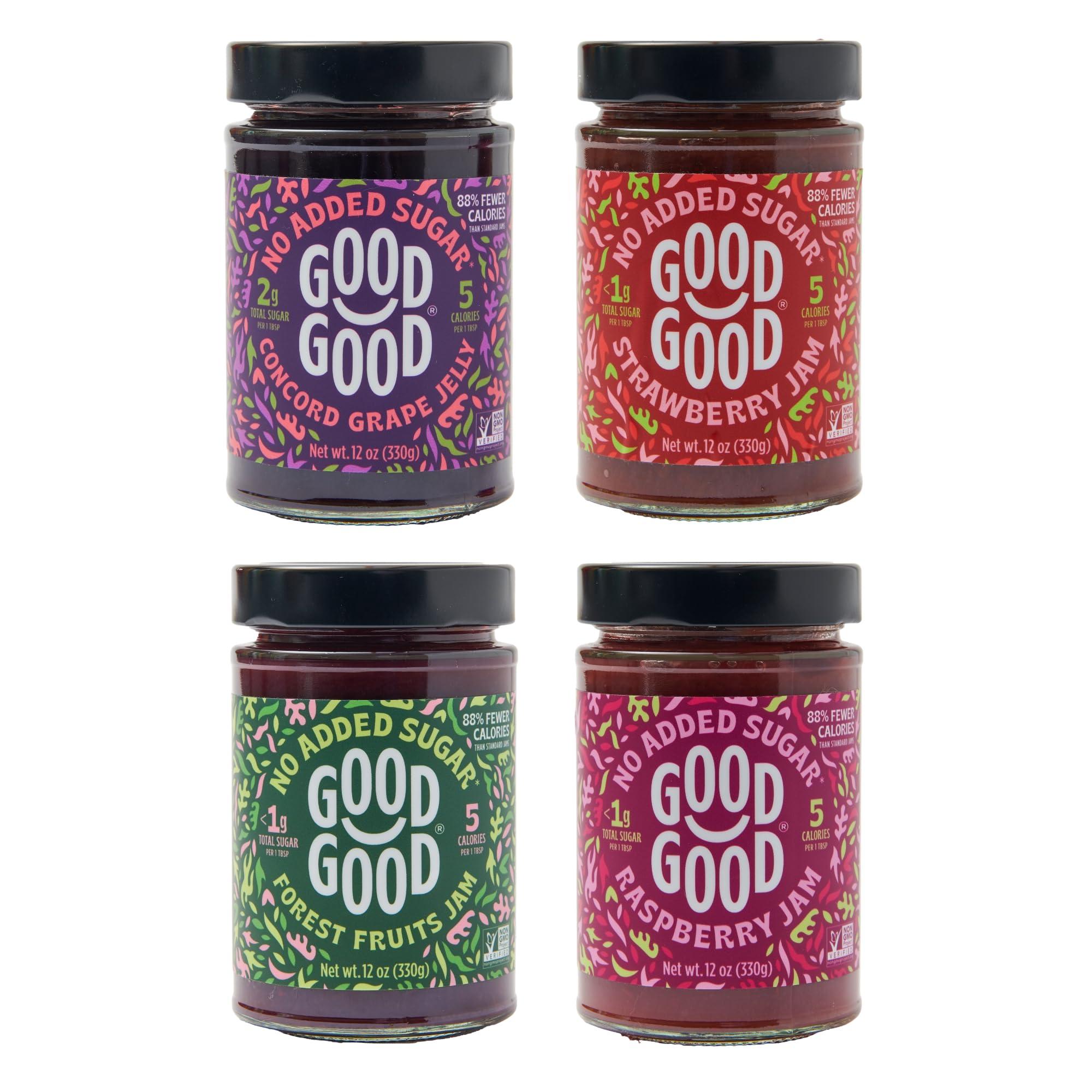 Good Good GOOD GOOD No Added Sugar Fruit Jam Variety Pack of 4 - Keto Friendly Jelly - Strawberry, Concord Grape, Forest Fruits and Raspberry Jam - Low Carb, Low-Calorie and Vegan - 12oz / 330g Jars