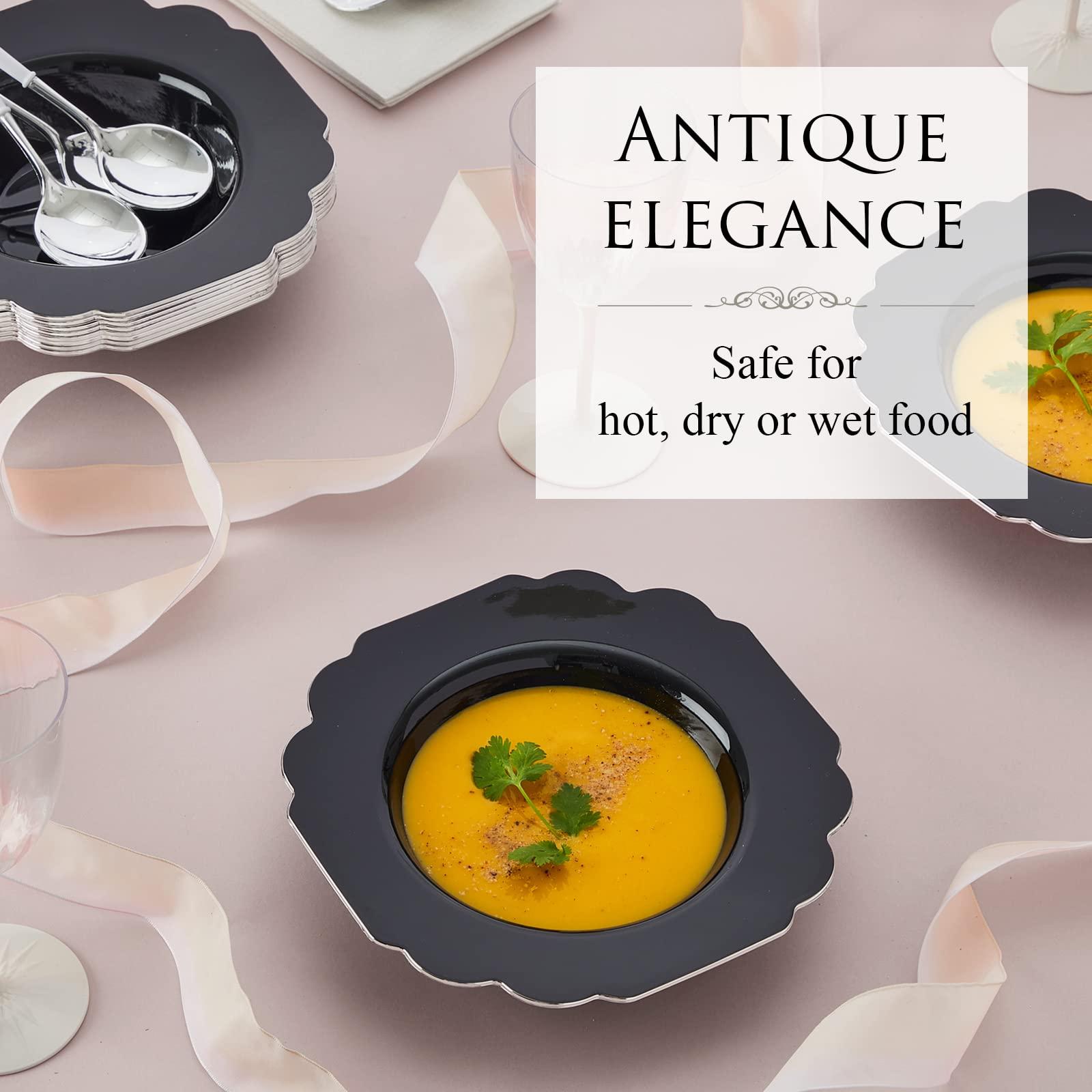 Silver Spoons SILVER SPOONS Disposable Plastic Soup Bowls (10 Piece), Heavy Duty Disposable Soup plates (12 oz), Fine Dining Plastic Dishes For Elegant China Look, Upscaled Servings, Celebrations & Events - Black