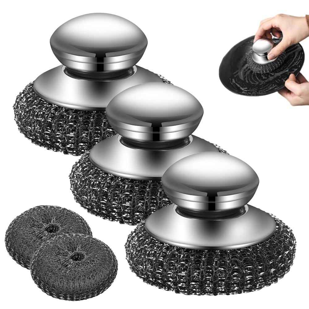 Cecurpo Steel Wool Scrubber, 2024 Upgraded Stainless Steel Wool Scrubber with Handle, Detachable Metal Steel Scrubber Wool Pads for Cleaning Dishes, Iron Pots, Stoves, Wash Sink (3)