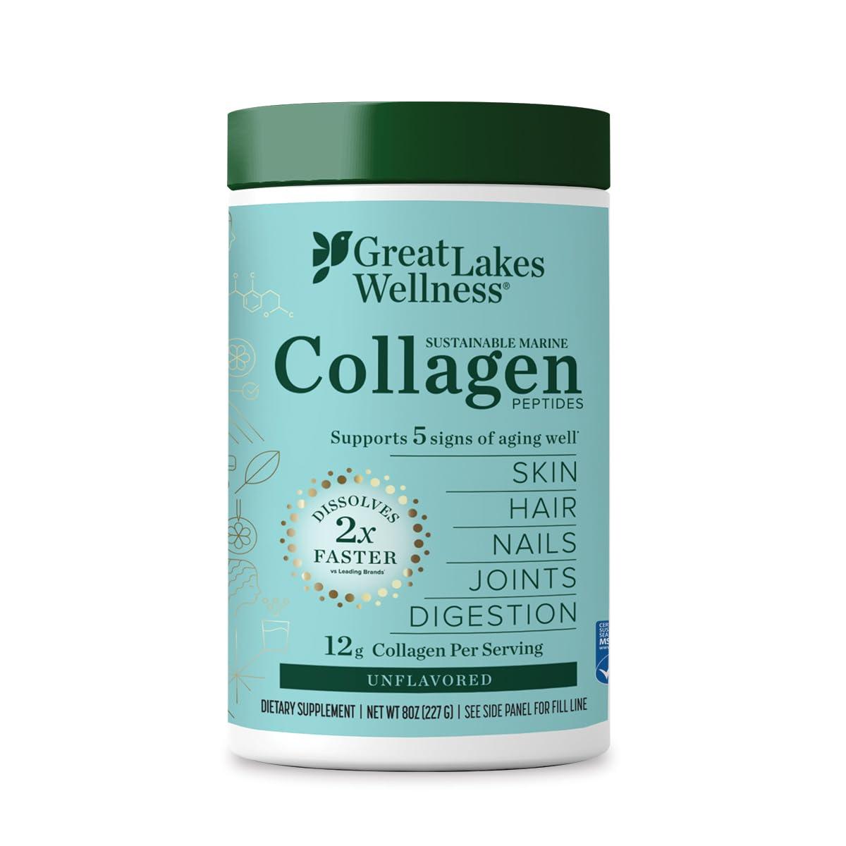 Great Lakes Wellness Great Lakes Wellness Sustainable Marine Collagen Peptides Powder for Skin, Hair, Nails, Joints & Digestion - Unflavored - Quick Dissolve Hydrolyzed, Wild Caught, MSC Certified, Non-GMO, Kosher - 8 oz