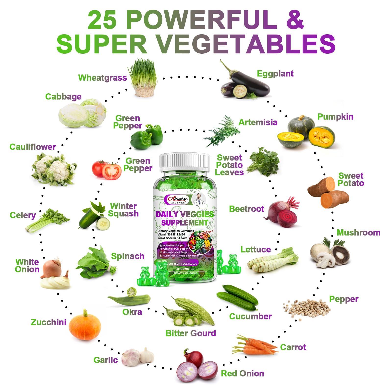 Alliwise Sugar-Free Fruits and Veggies Gummies Supplement, Multi-Vitamins & Minerals in Gummies, Natural Fruits and Vegetables Supplement, Immunity & Antioxidant & Energy Supplements for Women & Men