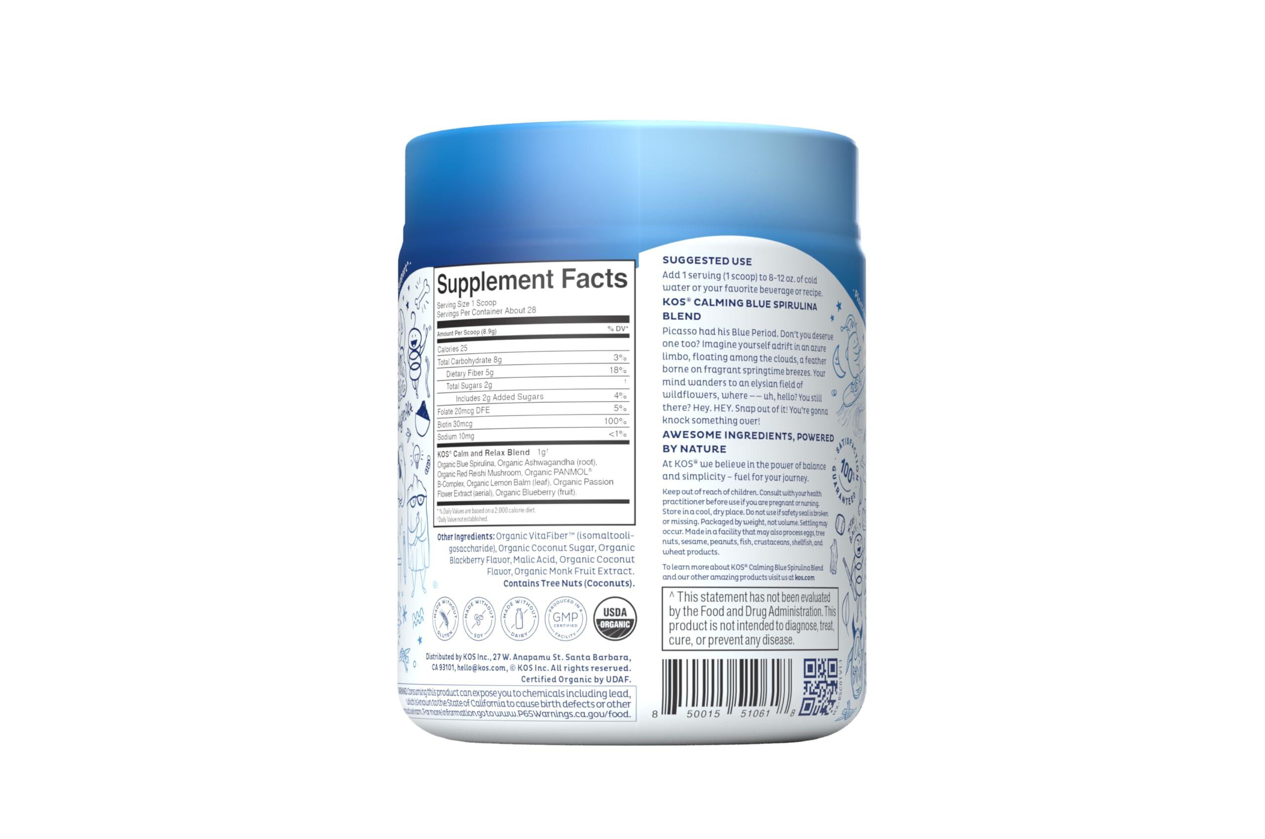 KOS KOS Calming Blue Spirulina Blend- USDA Certified Organic - Algae Superfood Powder with Ashwagandha Root, Lemon Balm, Reishi Mushroom, B Vitamins - Berry Coconut Cooler Flavor, 28 Servings