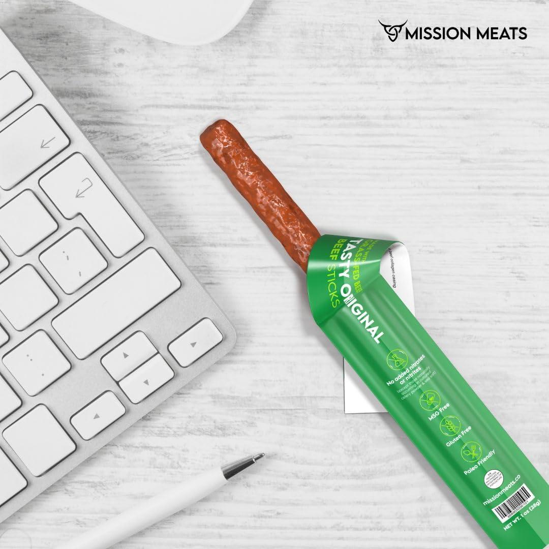 EST. 2015 MISSION MEATS Mission Meats Beef Sticks 100% Grass Fed & Pasture Raised, Zero Sugar, Gluten Free, Meat Sticks Individually Wrapped, Healthy Snacks, Whole 30 & Paleo Friendly, Original 1oz (Pack of 48)