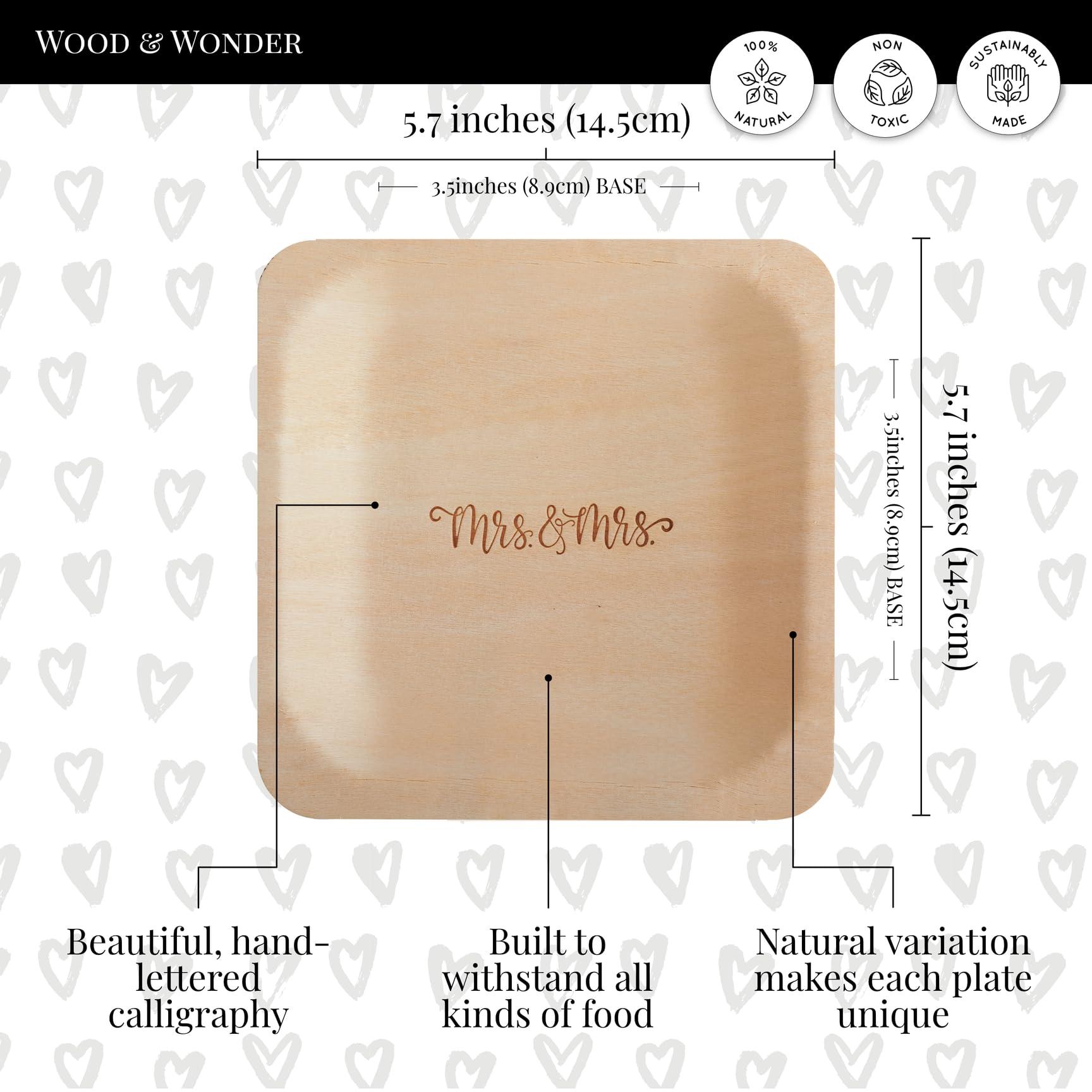 Wood & Wonder Mrs. and Mrs. Disposable Wedding Plates Rustic, Compostable Alternative to Plastic Plates for Wedding Receptions, Engagement Parties, and Rehearsal Dinners (Appetizer, 50-Pack)