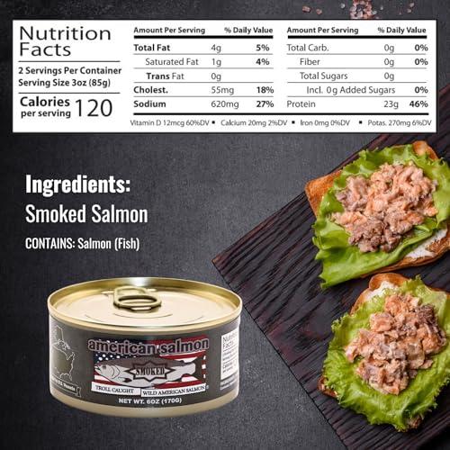 American Tuna Troll Caught Premium Wild Salmon Fish by American Tuna - Smoked Salmon, MSC Certified, & Hand Processed - 6 oz Cans | Pack of 6 | Delicacy for Health and Flavor Enthusiasts!