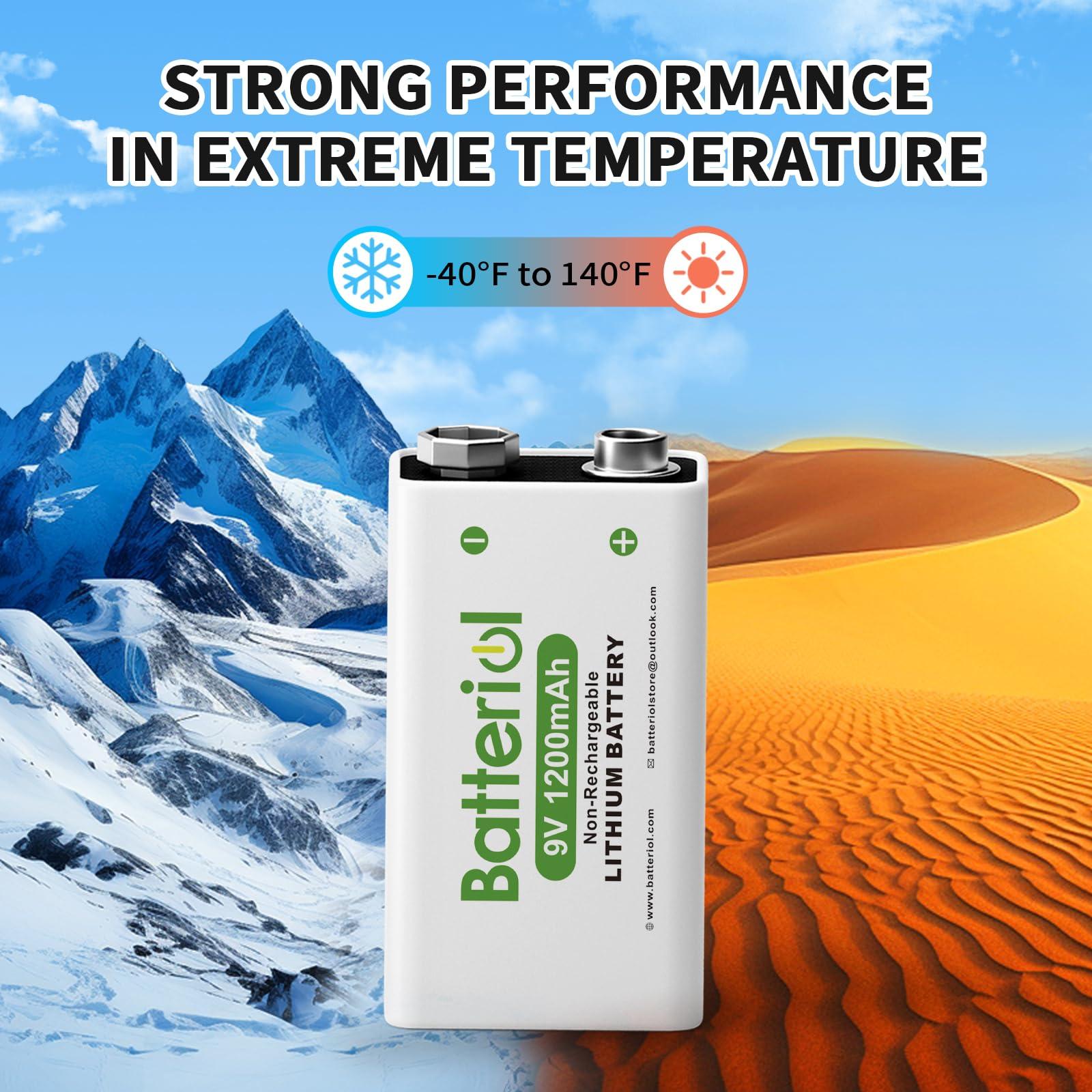 Batteriol Batteriol 9V Lithium Batteries, 1200mAh Lithium 9 Volt Batteries, 10 Year Shelf Life, Long-Lasting Power for Smoke Detector, Microphone and Walkie Talkie, 4 Pack