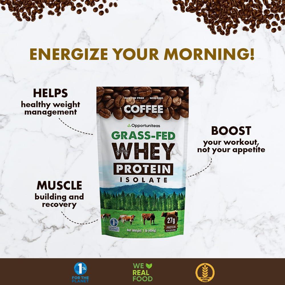 Opportuniteas Coffee Whey Protein Powder - Low Carb & Keto Friendly - Grass Fed Whey Isolate + Colombian Coffee - 60 mg Caffeine for Energy - Pre or Post Workout Drink Mix, Latte, Shake & Smoothie - 1 Pound