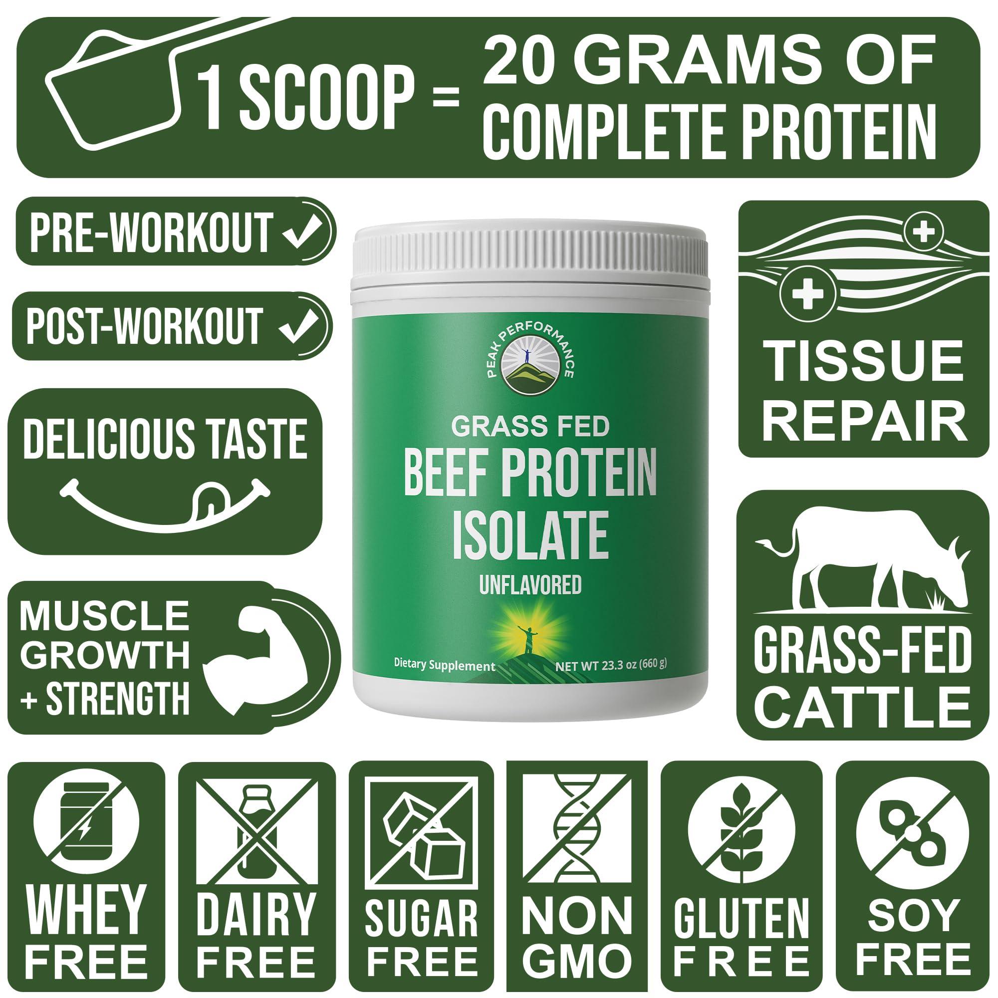 Peak Performance Grass Fed Beef Protein Powder - Lactose Free Great Tasting Beef Protein Isolate. Complete Animal Based Non Dairy Paleo Carnivore Supplement for Prime Muscle Building. No Whey. Unflavored