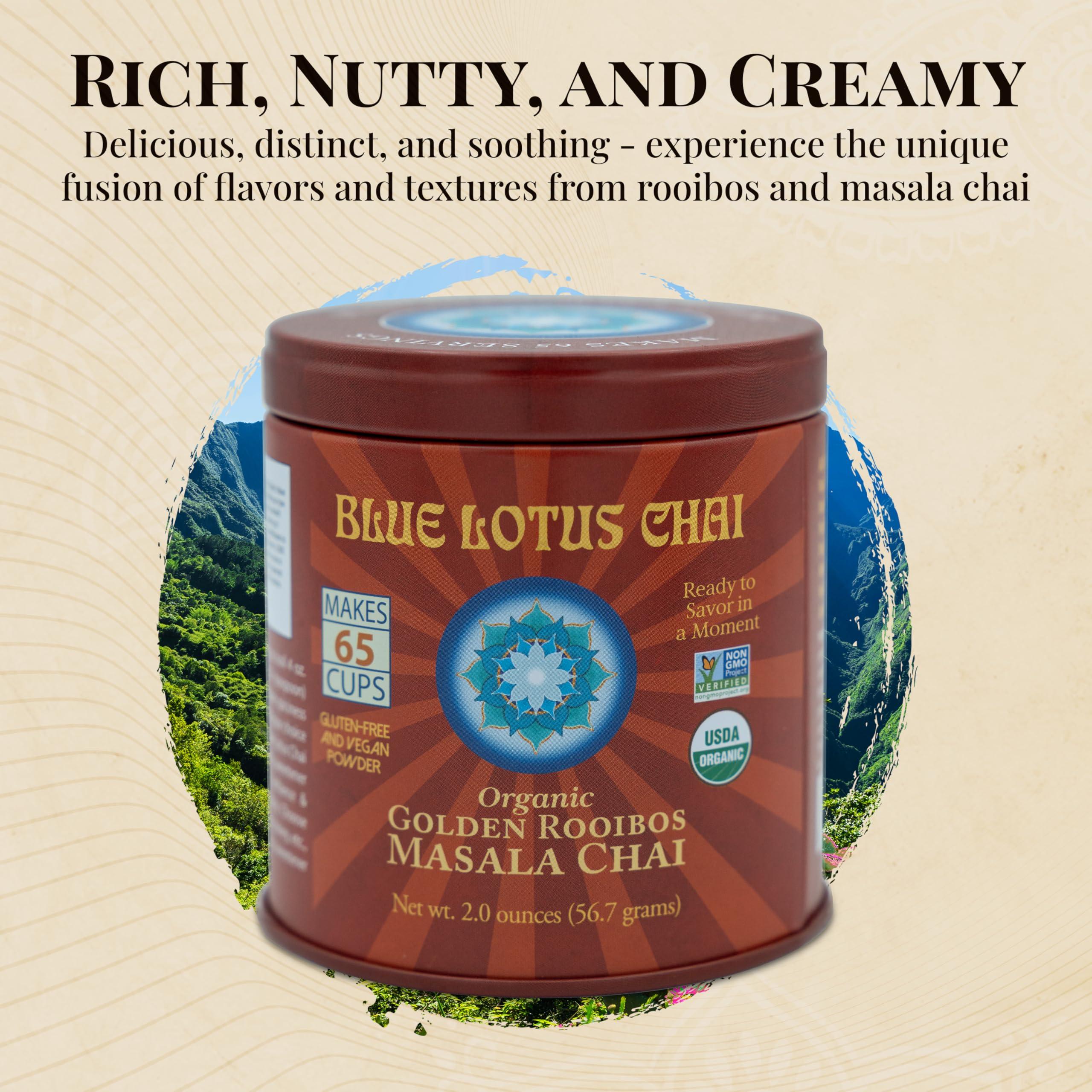 BLUE LOTUS CHAI Blue Lotus Chai - Golden Rooibos Flavor Masala Chai - Makes 65 Cups - 2 Ounce Masala Spiced Chai Powder with Organic Spices - Instant Indian Tea No Steeping - No Gluten