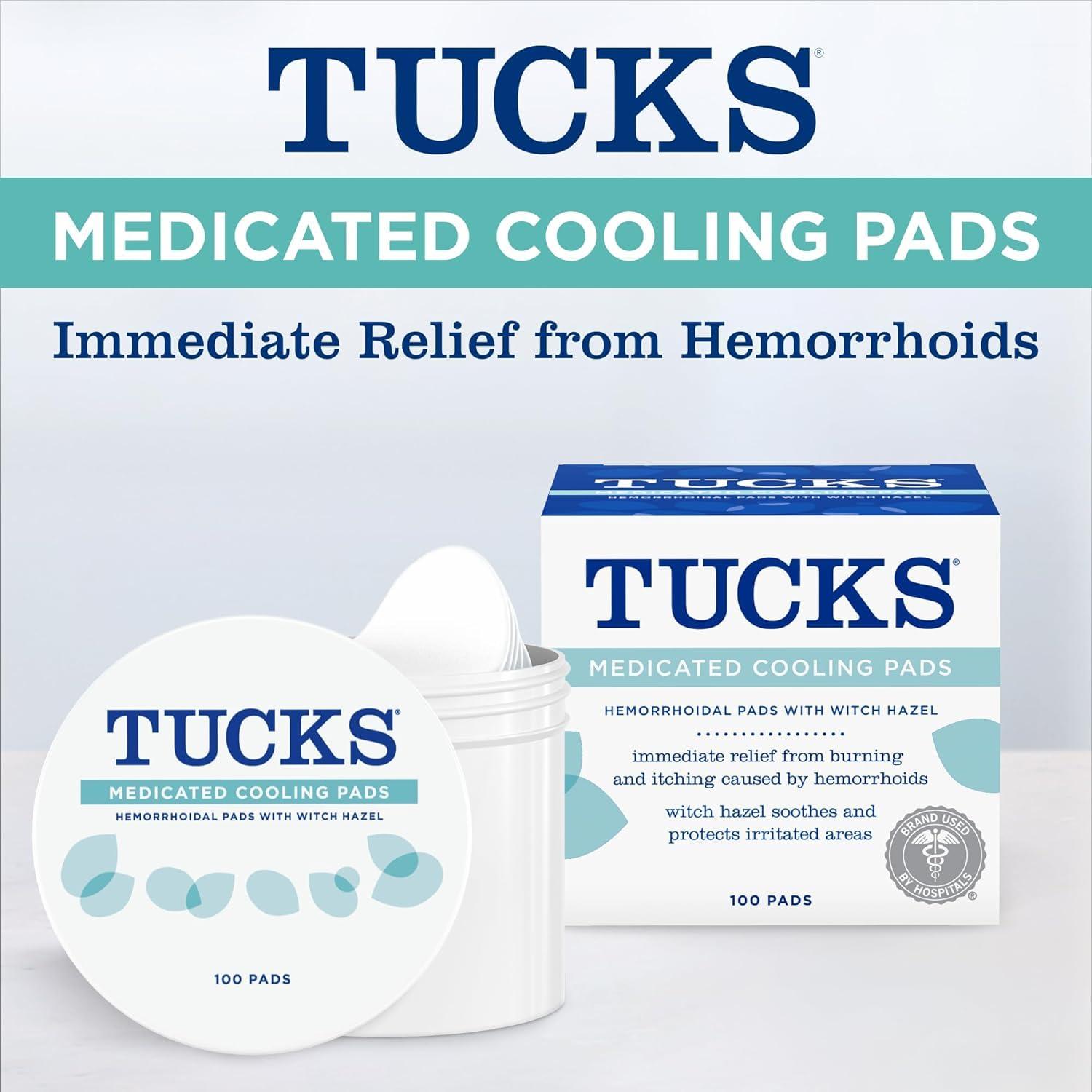 TUCKS TUCKS Medicated Cooling Pads, 100 Count Pads with Witch Hazel, Cleanses Sensitive Areas, Protects from Irritation, Hemorrhoid Treatment, Medicated Pads Used by Hospitals