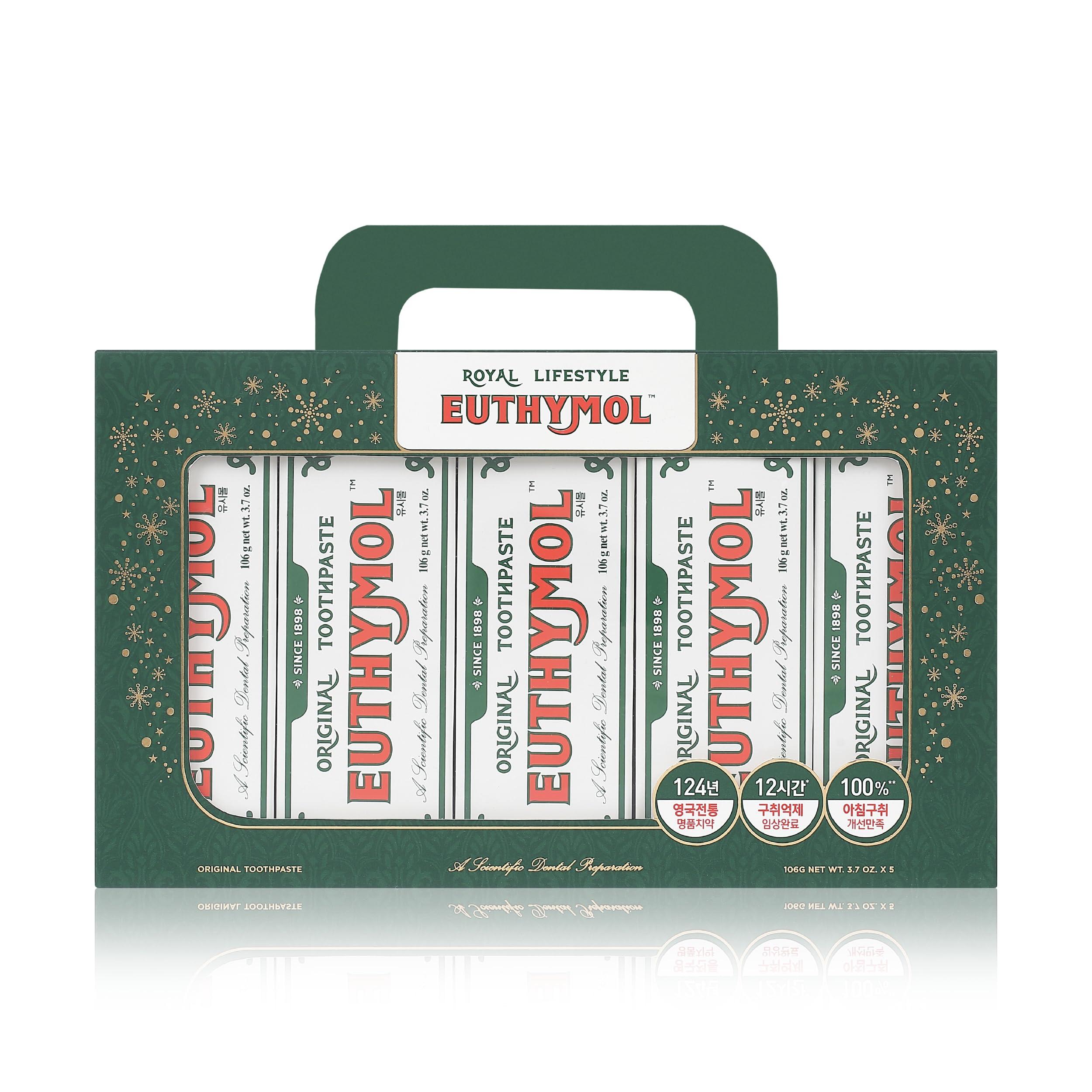 Euthymol Euthymol Original Toothpaste Pack of 5 and Regular Toothbrush Pack of 6 for Sensitive Teeth & Gum. Bad Breath, Cavity Prevention, Gentle, Quick Cleaning.