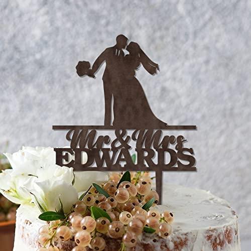 YJHLBHDIAN Engagement Cake Toppers Decorations Personalized Mr & Mrs Cake Topper Bride and Groom Silhouette Rustic Cake Topper Personalized Couple Last Name Cake Topper Brown Wood Cake Toppers
