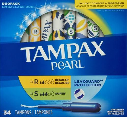 Tampax Tampax Pearl Tampons Multipack, Regular/Super Absorbency, with Leakguard Braid, Unscented, 34 Count (Pack of 2)