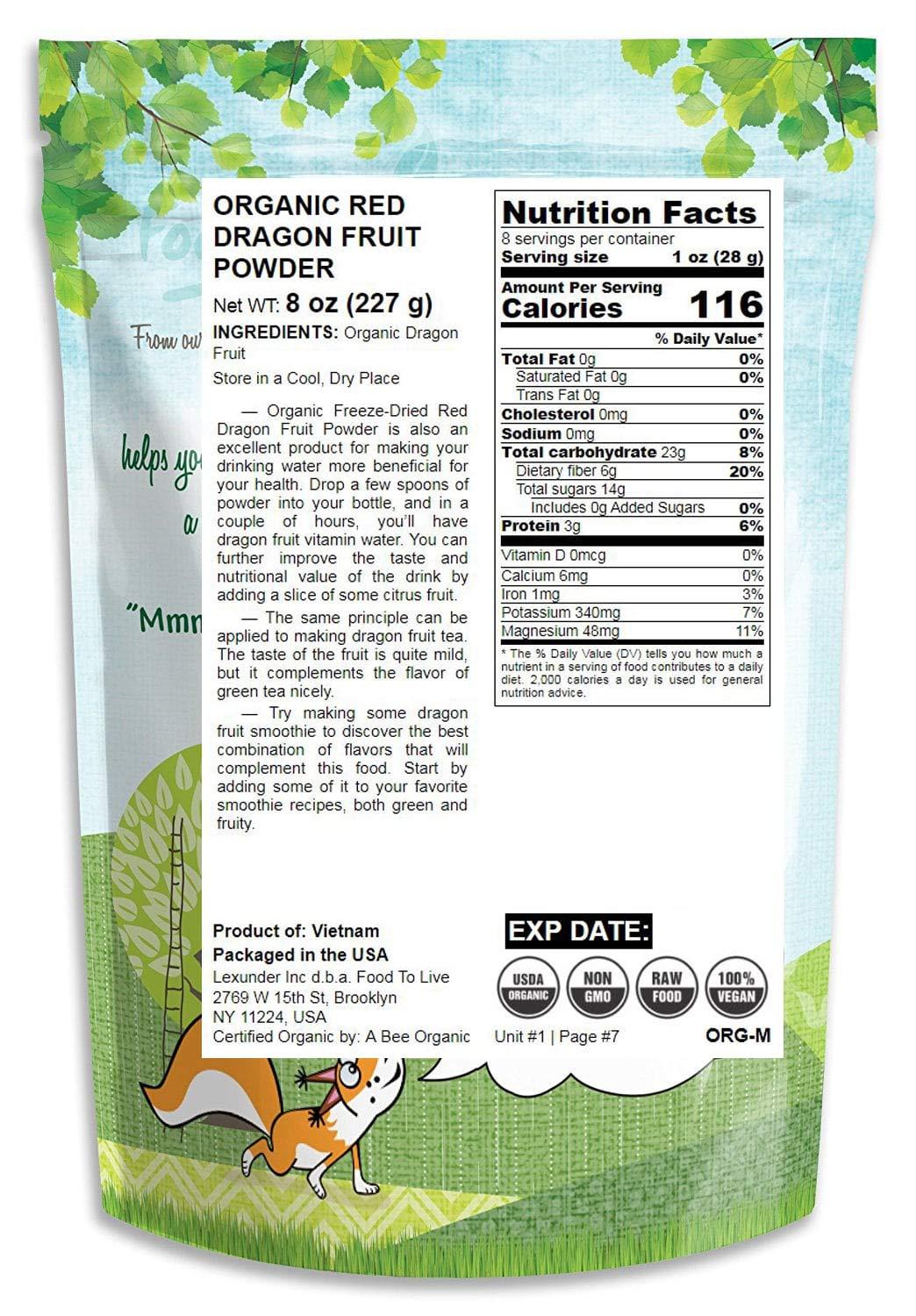 Food to Live Organic Red Dragon Fruit Powder, 8 Ounces – Non-GMO, Freeze-Dried Pitaya, Raw Pitahaya, Vegan Superfood, Bulk, Non-Irradiated, Rich in Vitamins and Minerals, Great for Drinks