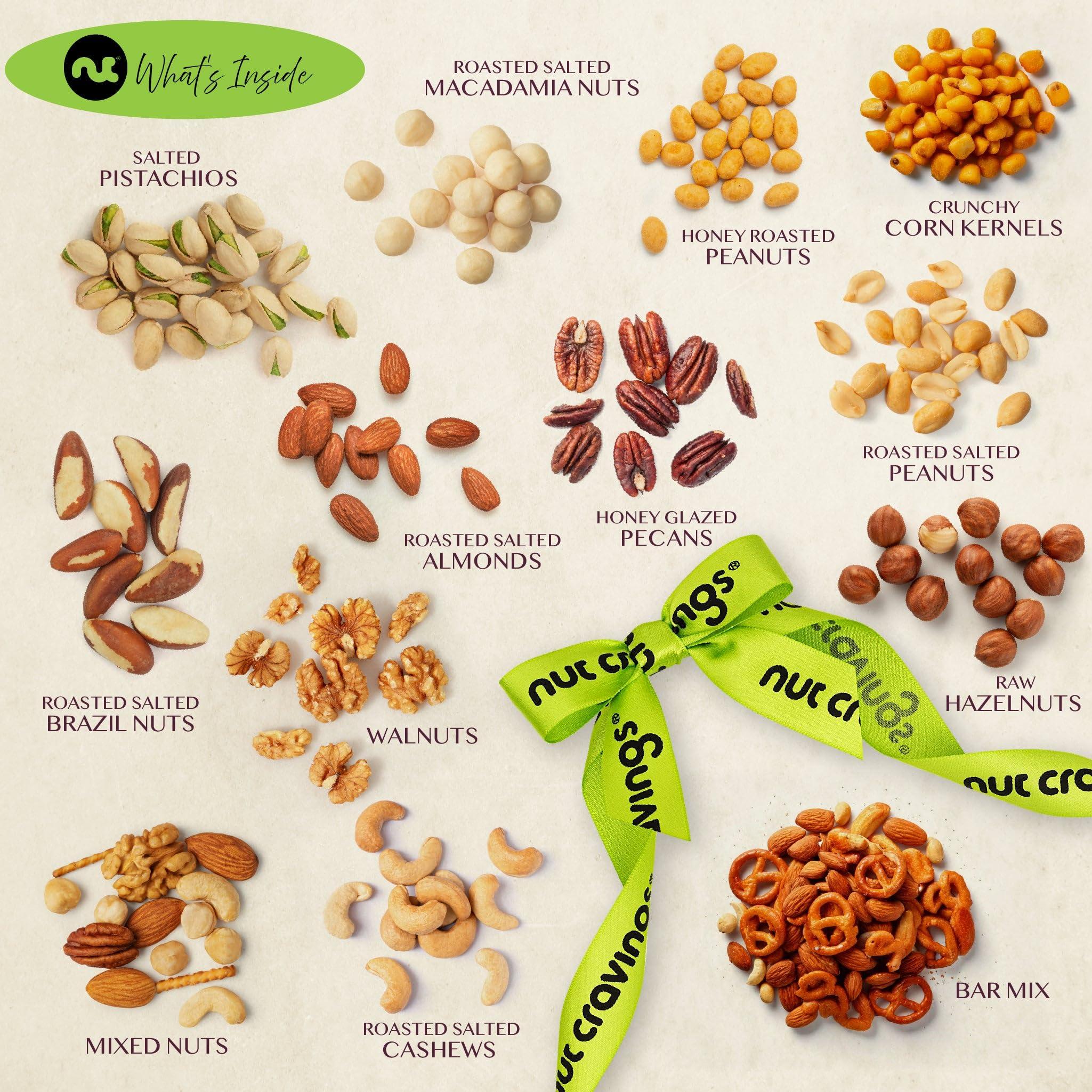 Nut Cravings NUT CRAVINGS Gourmet Collection - Valentines Day Mixed Nuts Gift Basket in Reusable Diamond Wooden Tray + Green Ribbon (13 Assortments) Galentines Arrangement Platter, Healthy Kosher Corporate