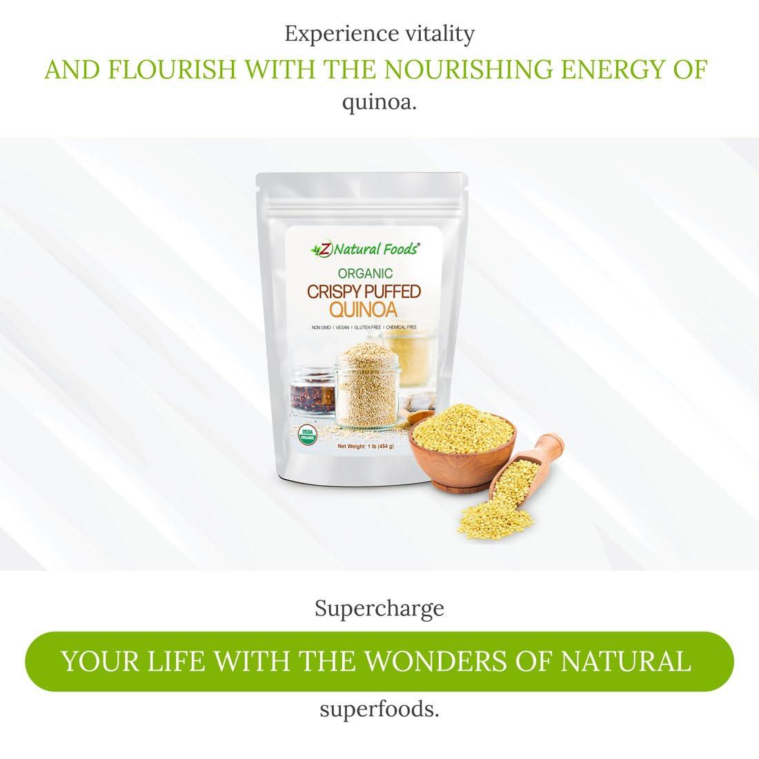 Z Natural Foods Z Natural Foods Organic Crispy Puffed Quinoa - Real Crisped Quinoa Vegan Superfood - Healthy Quinoa Crisps Snacks for Adults & Kids - Crispy Quinoa Puffs for Baking, Snacks, Yogurts, Gluten-Free, 1 lb