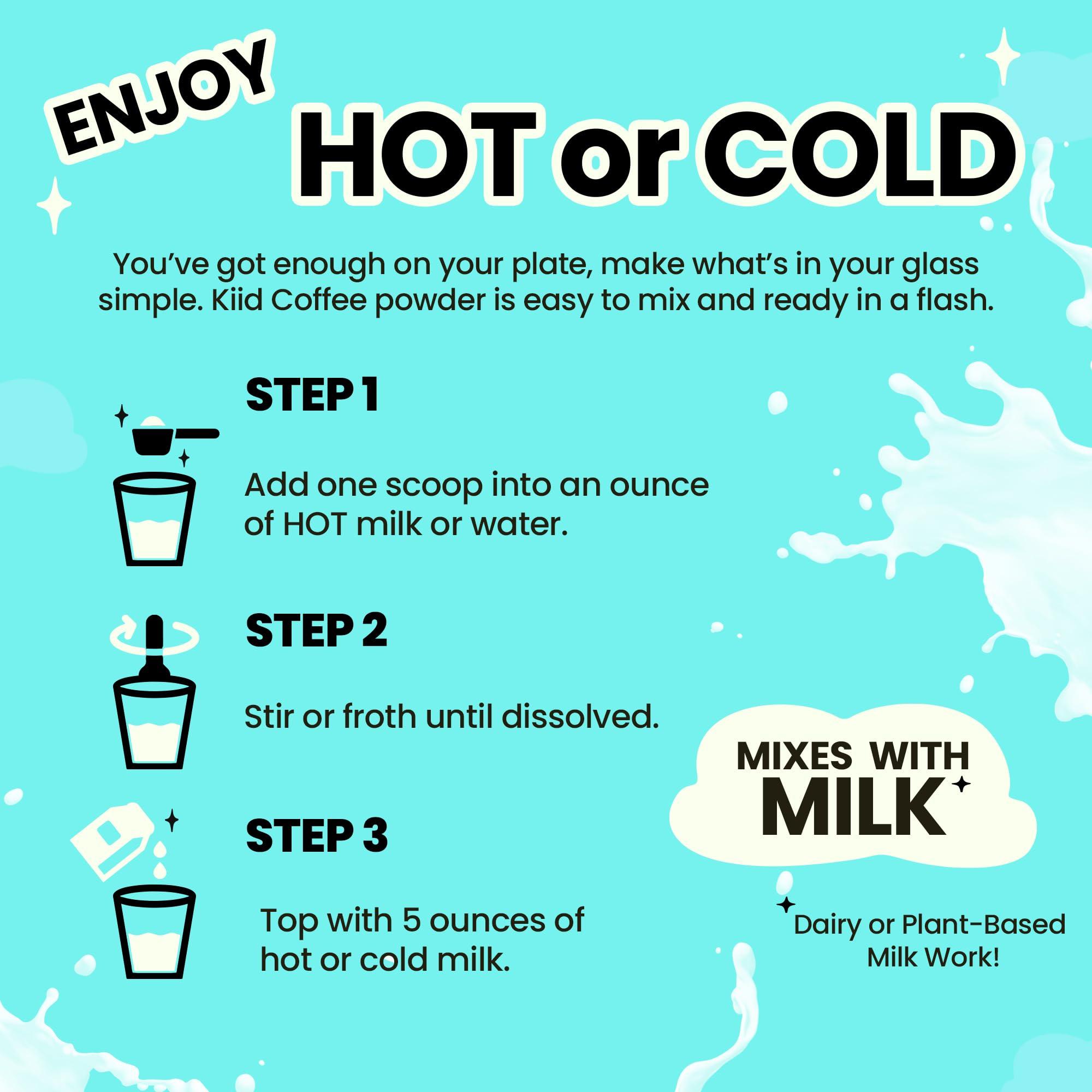 kiid Kiid Coffee Instant Latte - 99.9% Caffeine Free - Organic Decaf Coffee, 4g Fiber, 0g Sugar, 12 Vitamins & Minerals For Kids - Allergen Free & Vegan - Just Add Milk - Drink Hot or Cold (12 Servings)