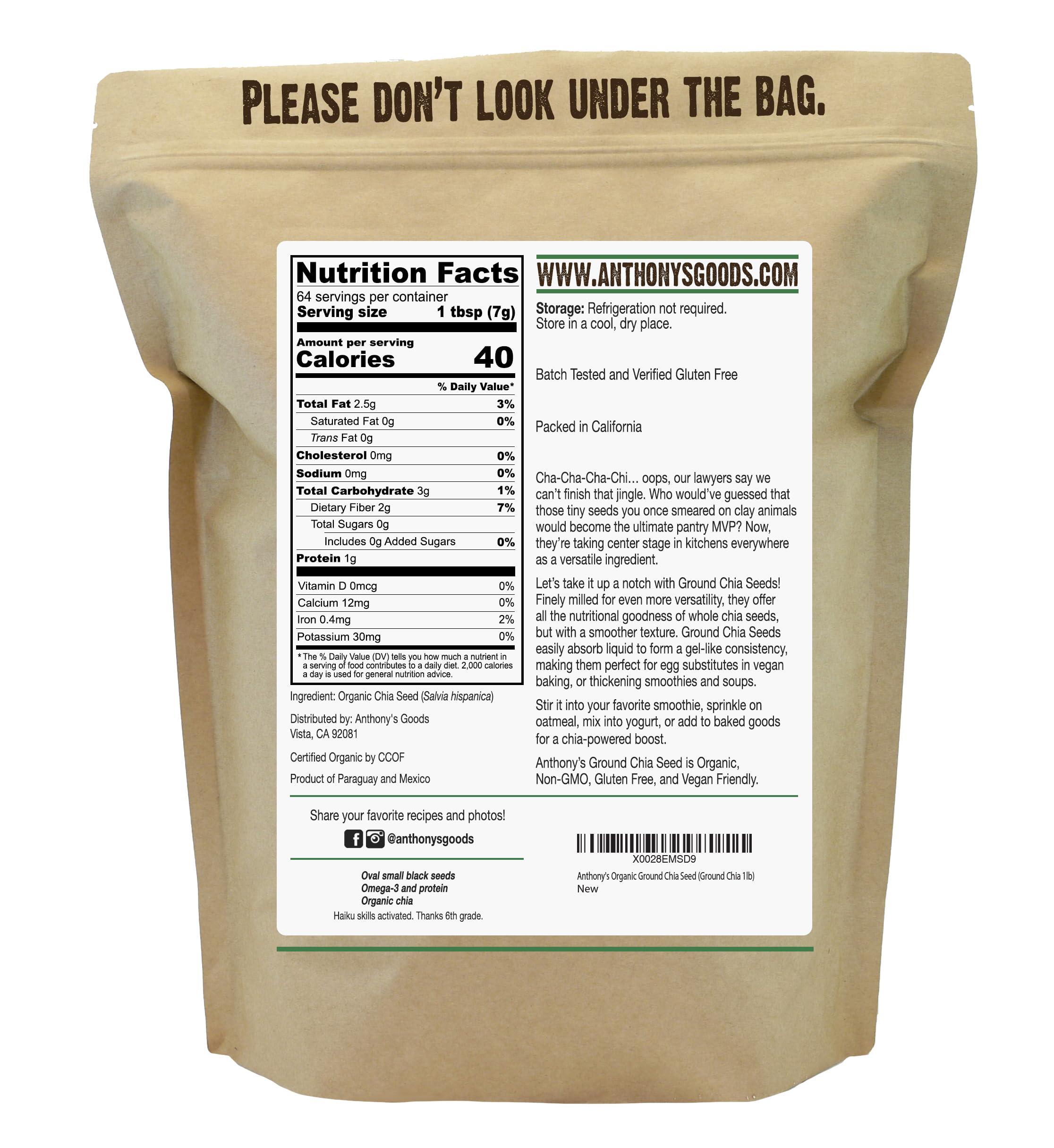 Anthony's Anthony's Organic Ground Chia Seed, 1 lb, Finely Ground, Cold Milled, Gluten Free, Non GMO