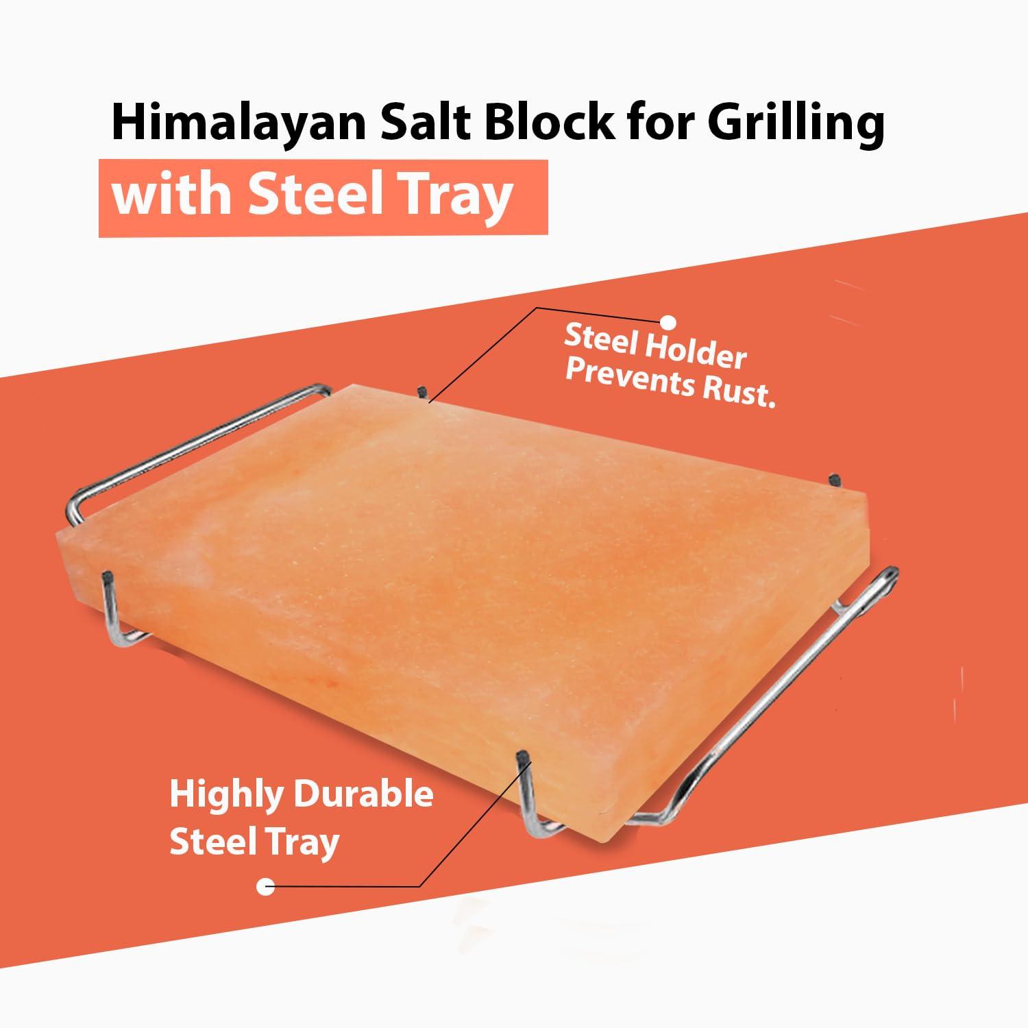 ZKTRADING ZK Himalayan Salt Block with Steel Tray for Grilling- Cooking, Cutting, and Serving, 12x8x1.5, Food Grade Rock Salt Plate, Salt Slab a Unique Gift for Men, Women, Chefs & Cooks