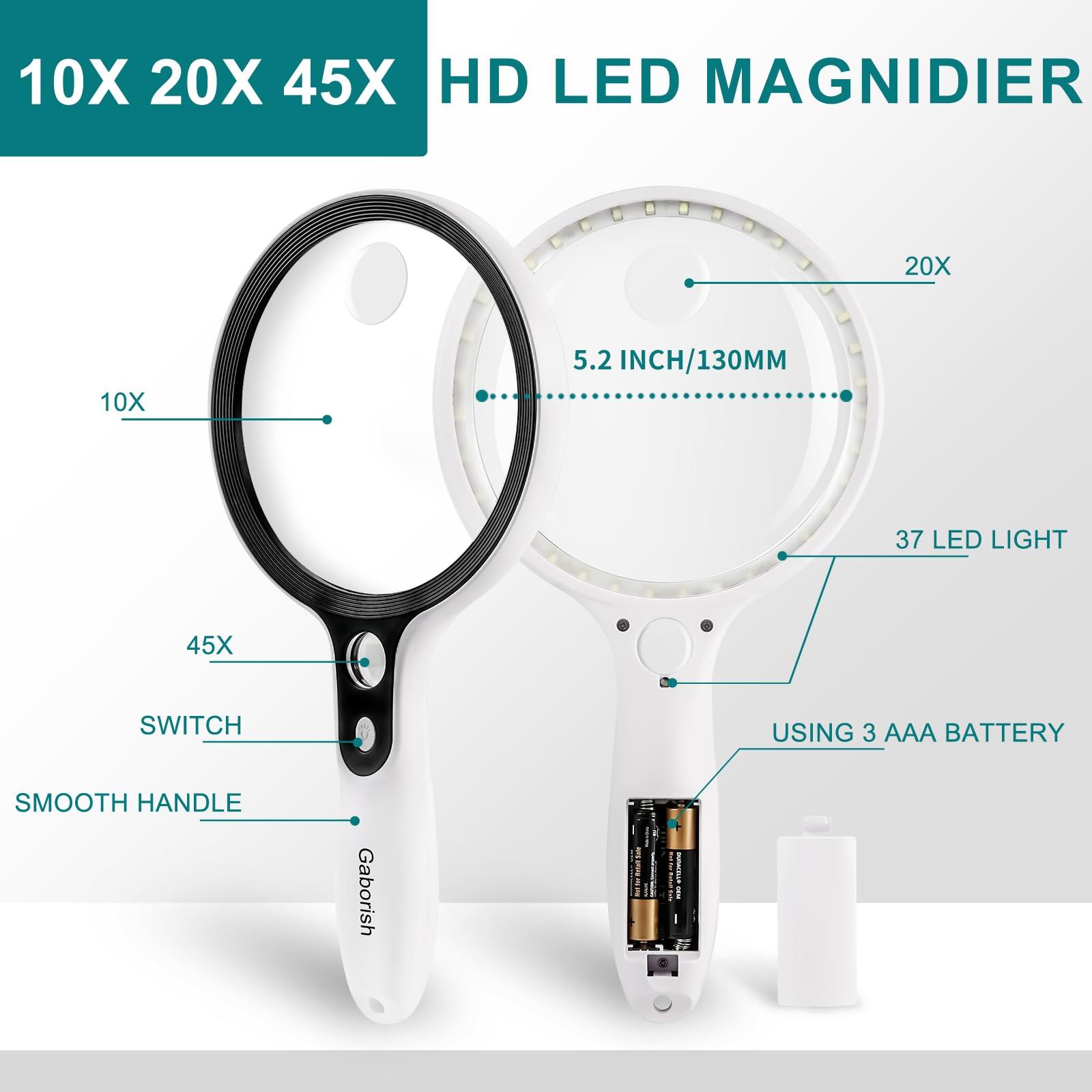 GABORISH Large Magnifying Glass with 37 LED Light, 10X 20X 45X Handheld Illuminated Lighted Magnifier for Seniors Reading, Inspection, Coins, Exploring Close Work