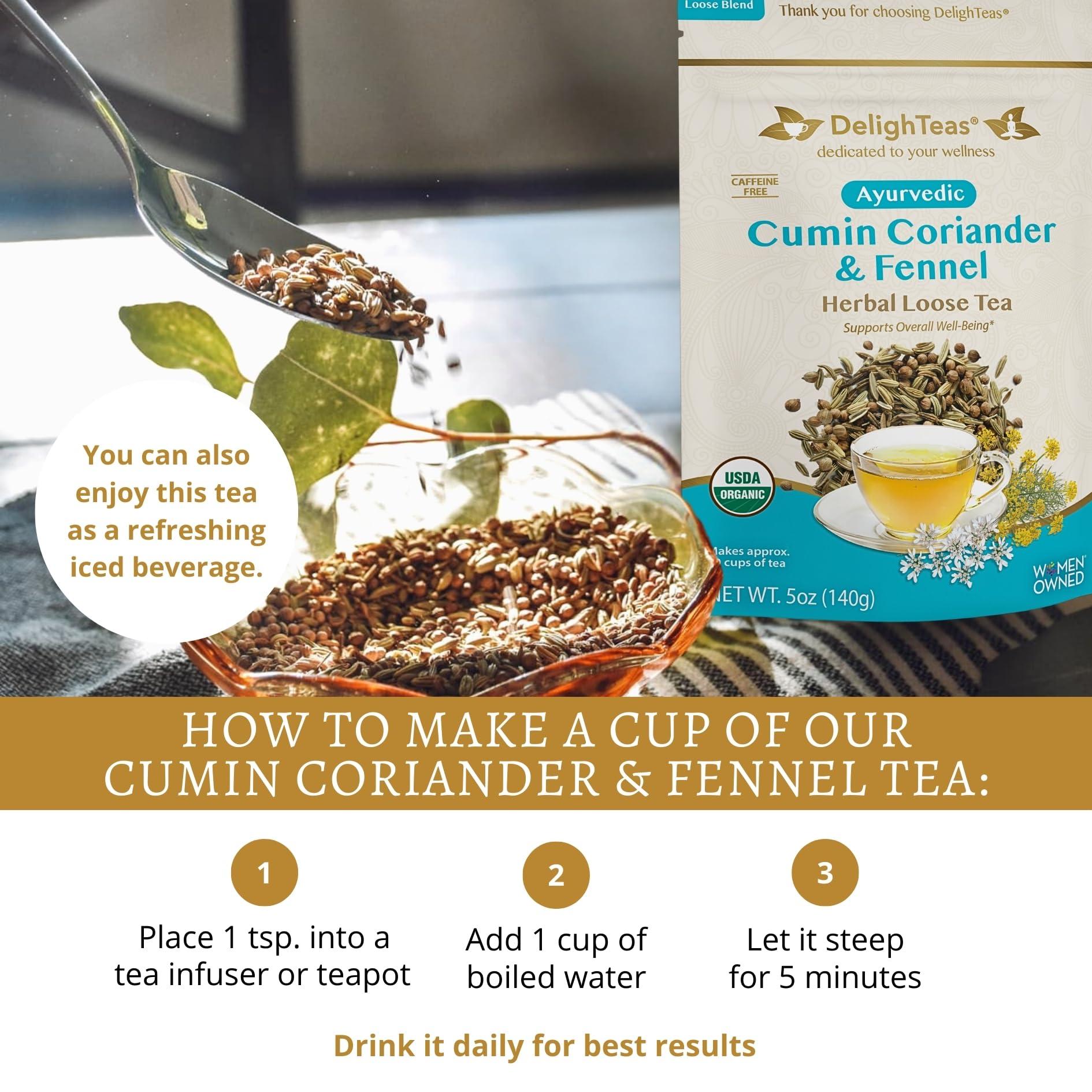 DelighTeas DelighTeas Organic Digest & Detox CCF Tea | Ayurvedic Cumin, Coriander, Fennel Loose Leaf Tea for Digestion, Detox Cleanse | USDA Organic, Non-GMO, Caffeine Free, Sugar Free | 60 Servings, 5 oz.