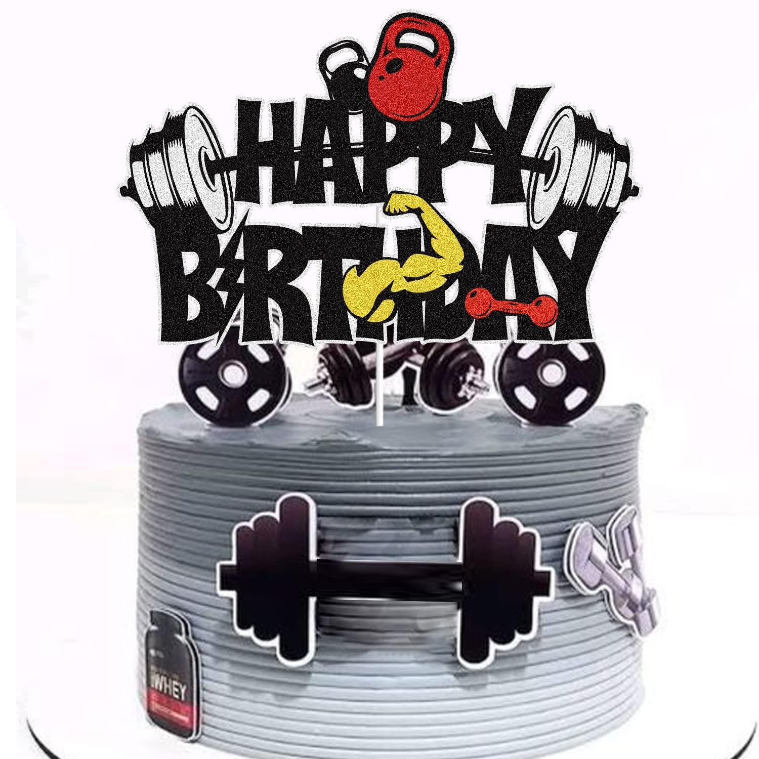 LINGBOOM Gym Fitness Happy Birthday Cake Topper Black Weightlifting Birthday Cake Decoration Cross Fit Fitness Theme Party Birthday Supplies for Man Woman
