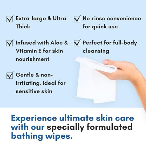 Nurture Valley Nurture Rinse Free Bathing Wipes for Adults w/Aloe | Waterless Cleansing for sensitive skin | Disposable Adult Body Bath Wet Wipe for Disabled Bedridden | 64 wipes