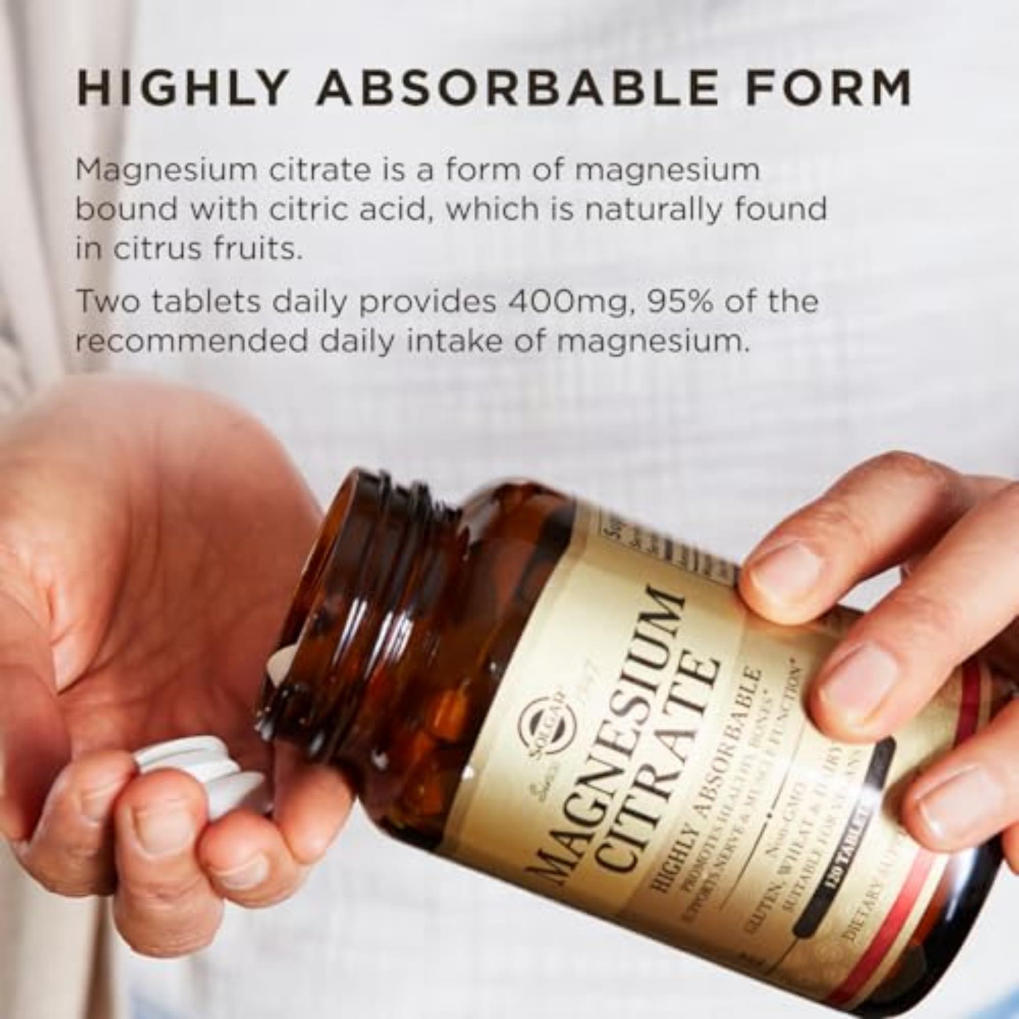 Solgar Solgar Magnesium Citrate, 120 Tablets - Promotes Healthy Bones - Supports Nerve & Muscle Function - Non GMO, Vegan, Gluten Free, Dairy Free, Kosher - 60 Servings