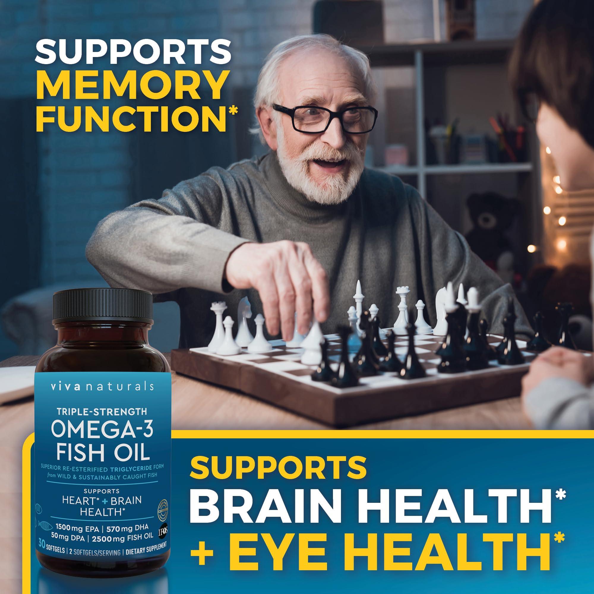 Viva Naturals Viva Naturals Triple Strength Omega 3 Fish Oil Supplement - 2500 mg Fish Oil with Re-Esterified Omega 3 Fatty Acids Including EPA, DHA DPA - 30 Pescatarian-Friendly Softgels
