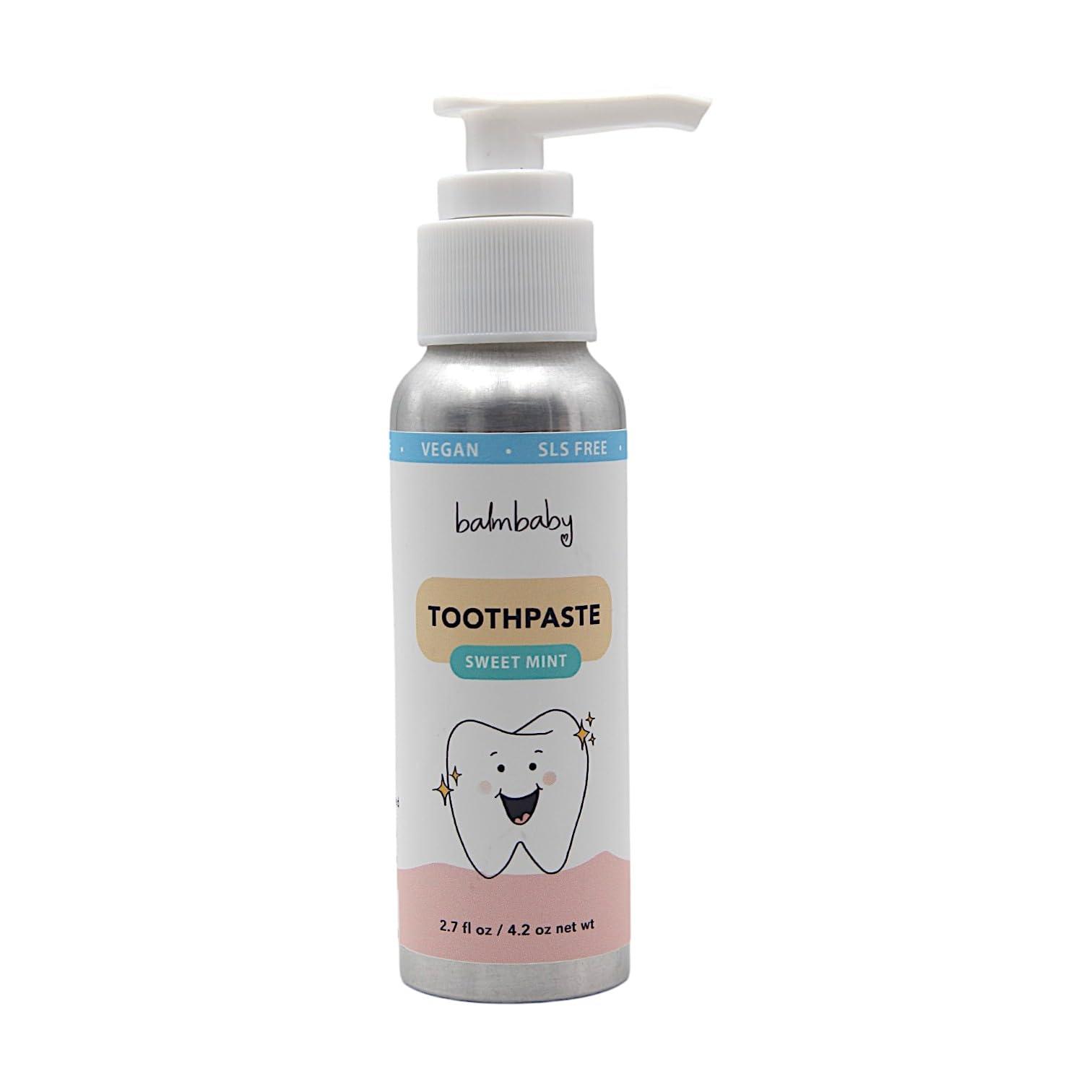 BALM! Baby Kids Natural Fluoride Free Toothpaste by BALM! Baby Children\'s Toothpaste in Pump Bottle, SLS Free Toothpaste with Xylitol, Vegan Gluten Free, BPA Free, Zero Waste Childrens Teeth Paste (Mint)