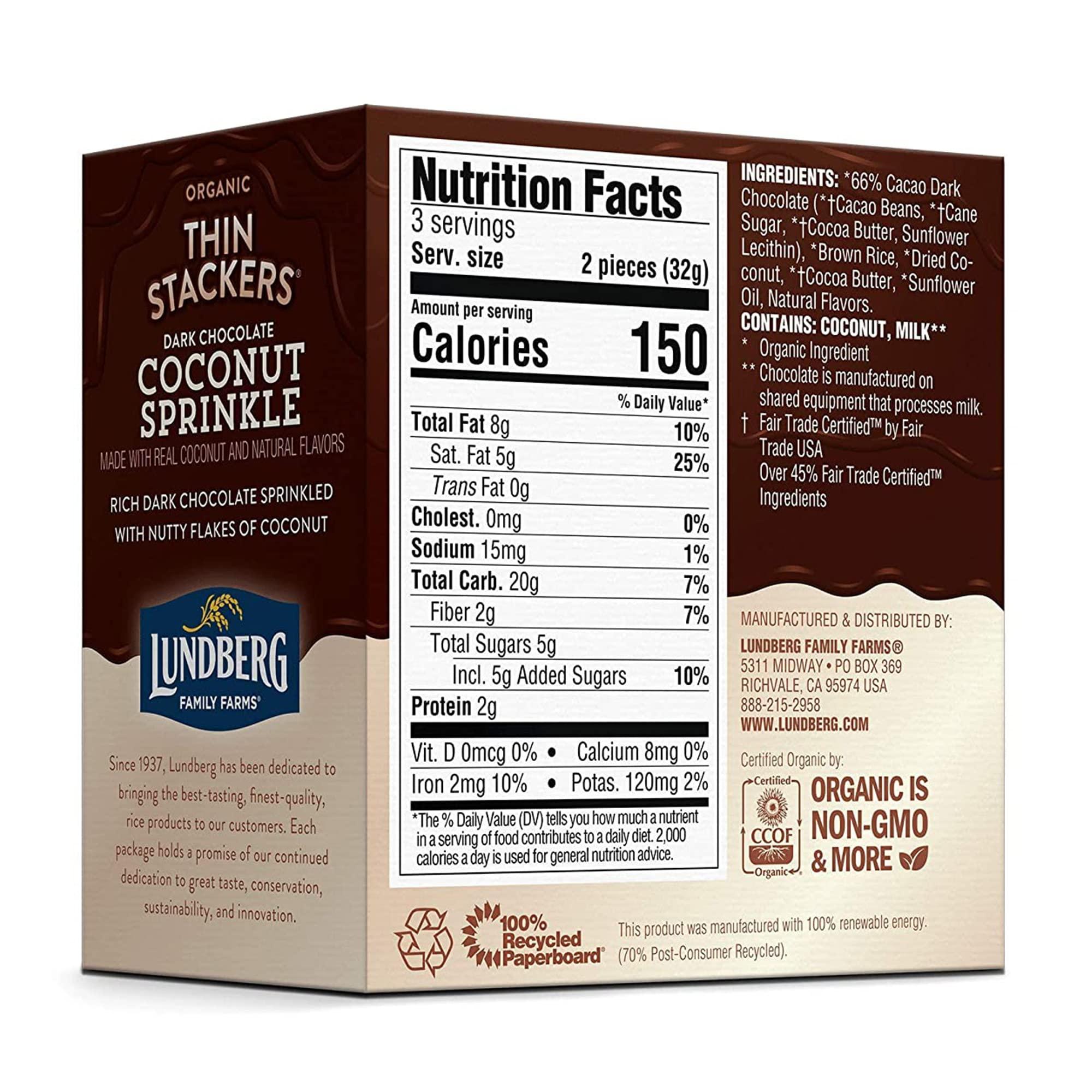Lundberg Lundberg, Organic Thin Stackers, 3.4 oz (GlutenFree, Whole Grain, Kosher Dairy, USDA Organic, NonGMO Project Verified, Fair Trade Certified Ingredients), Dark Chocolate Coconut Sprinkle, 6 Count