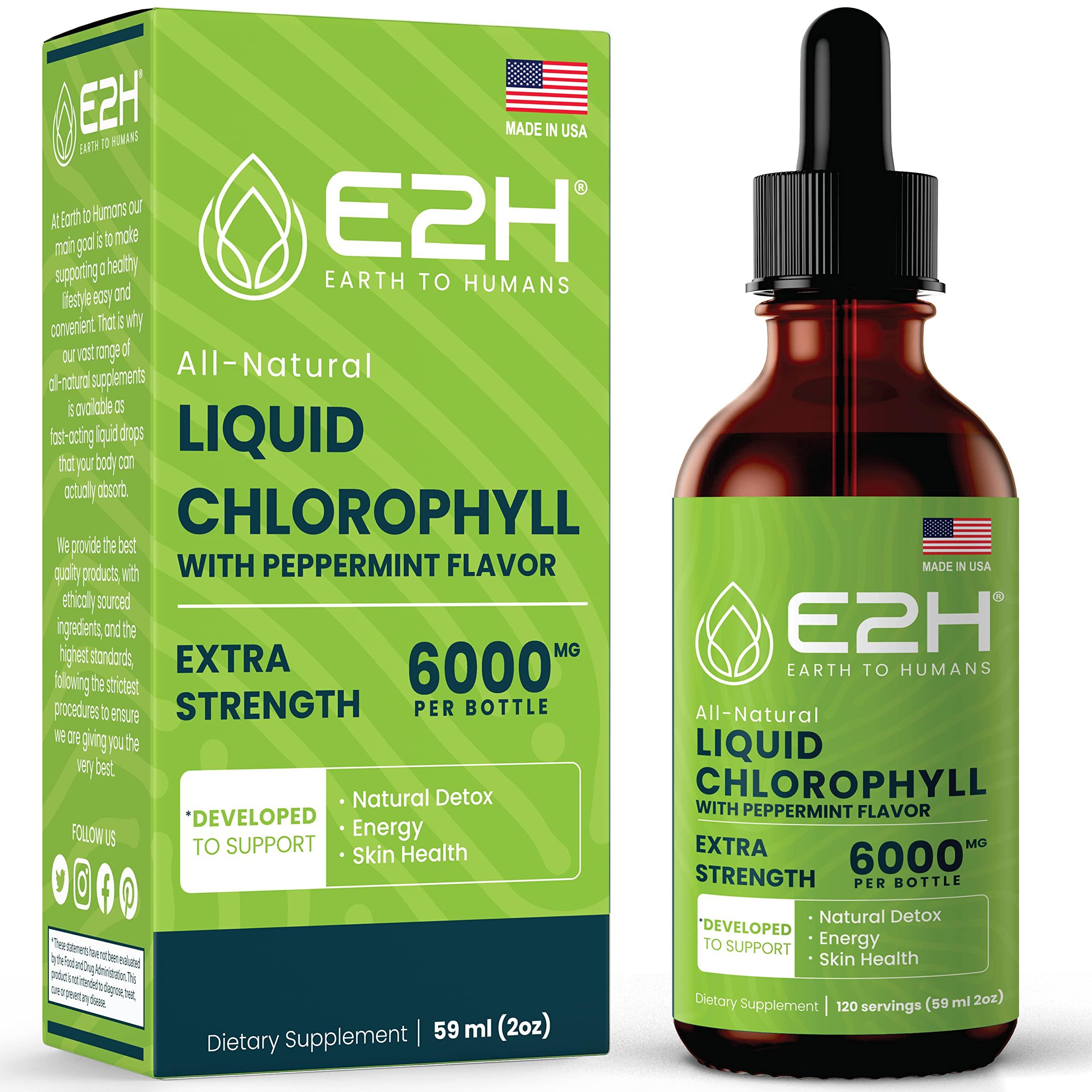 E2H EARTH TO HUMANS E2H Chlorophyll Liquid Drops - Natural Energy Booster, Immune System Support and Internal Deodorant - Peppermint Flavor - 2 Fl Oz