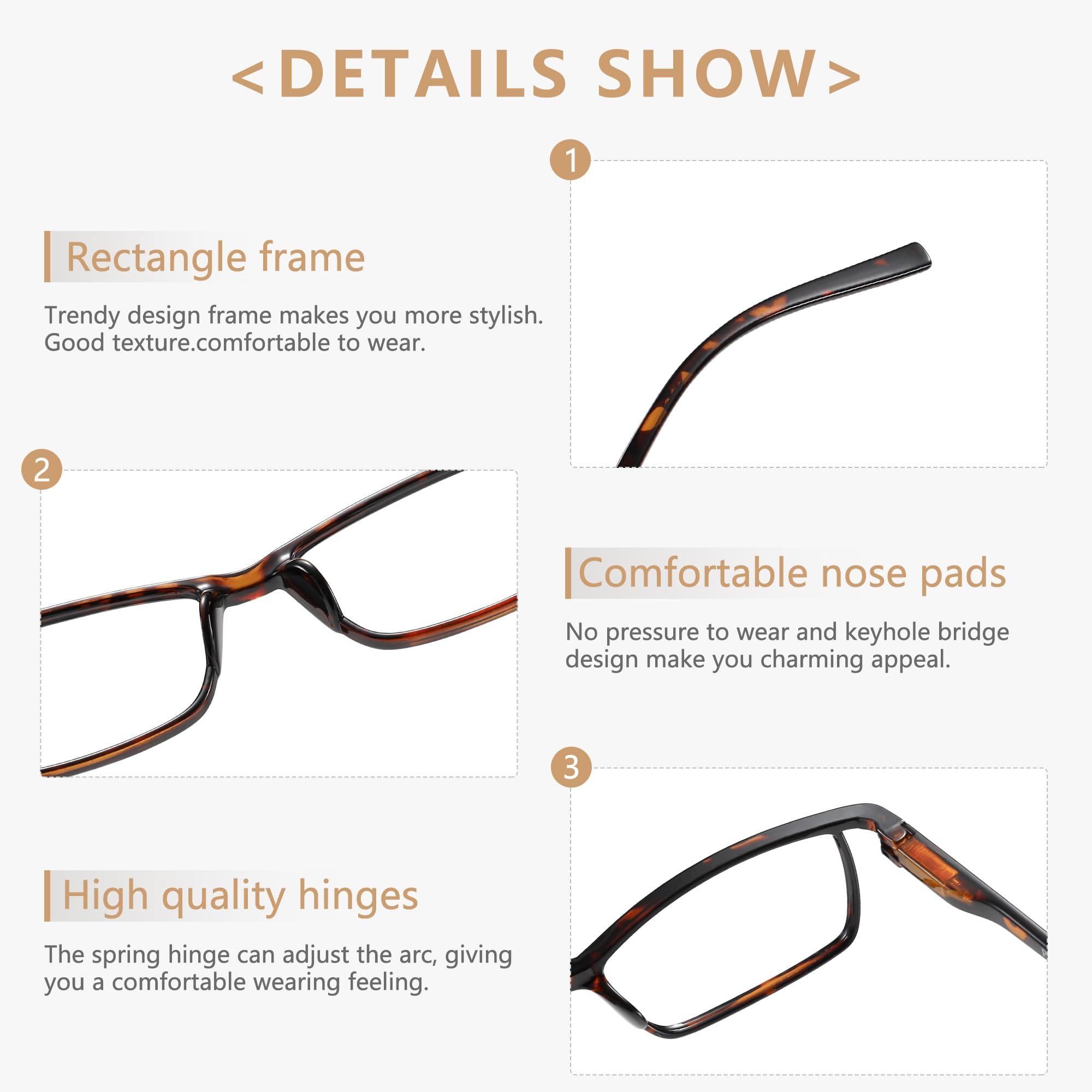 Przene Przene 4 Pack Rectangle Reading Glasses for Men Women Blue Light Blocking Readers Black/Demi Brown 1.25