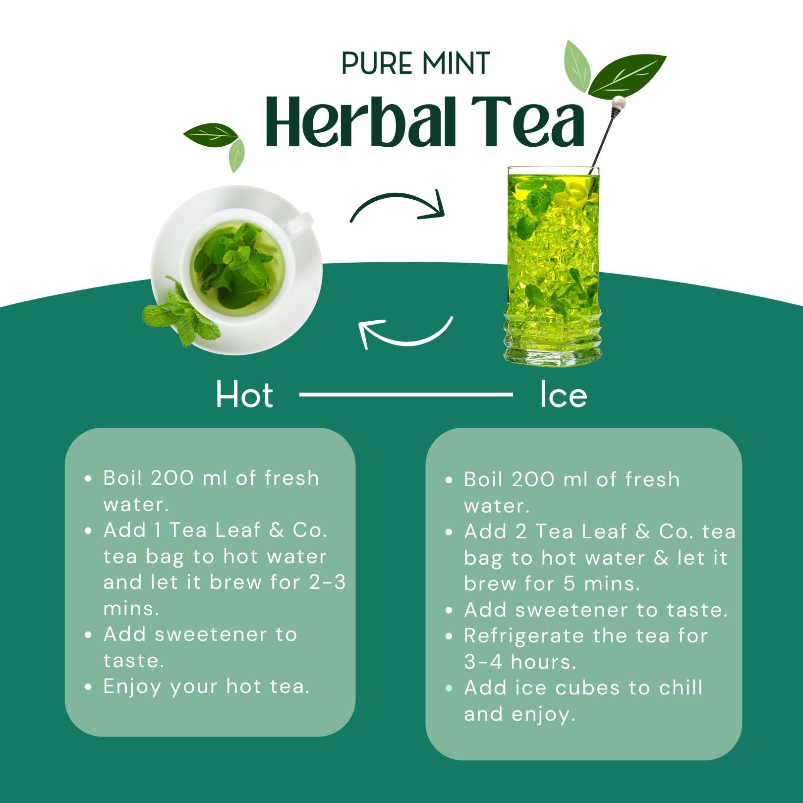 Tea Leaf & Co. Tea Leaf & Co. Pure Mint Herbal Tea Bags, Peppermint & Spearmint, Loose leaf 100 Pyramid Teabags, Blended with Fresh Ingredients, Natural Herbal Tea, Gluten Free