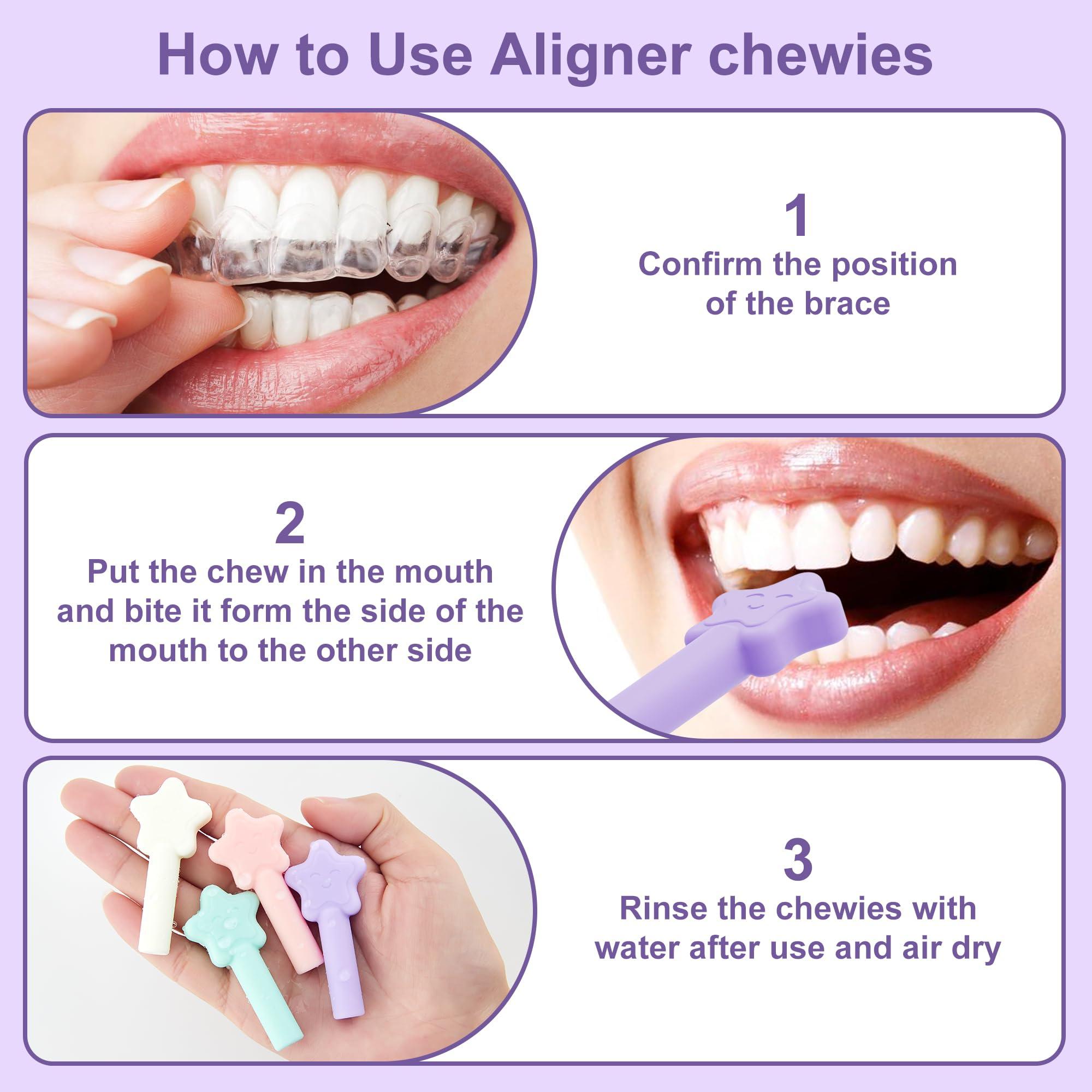 SkyArmor Aligner Chewies for Invisalign, 4-Pack Star Style Silicone Orthodontic Munchies Chompers For Invisalign Braces, Aligners, Retainers (Unflavored, Mint, Taro flavor, Strawberry)