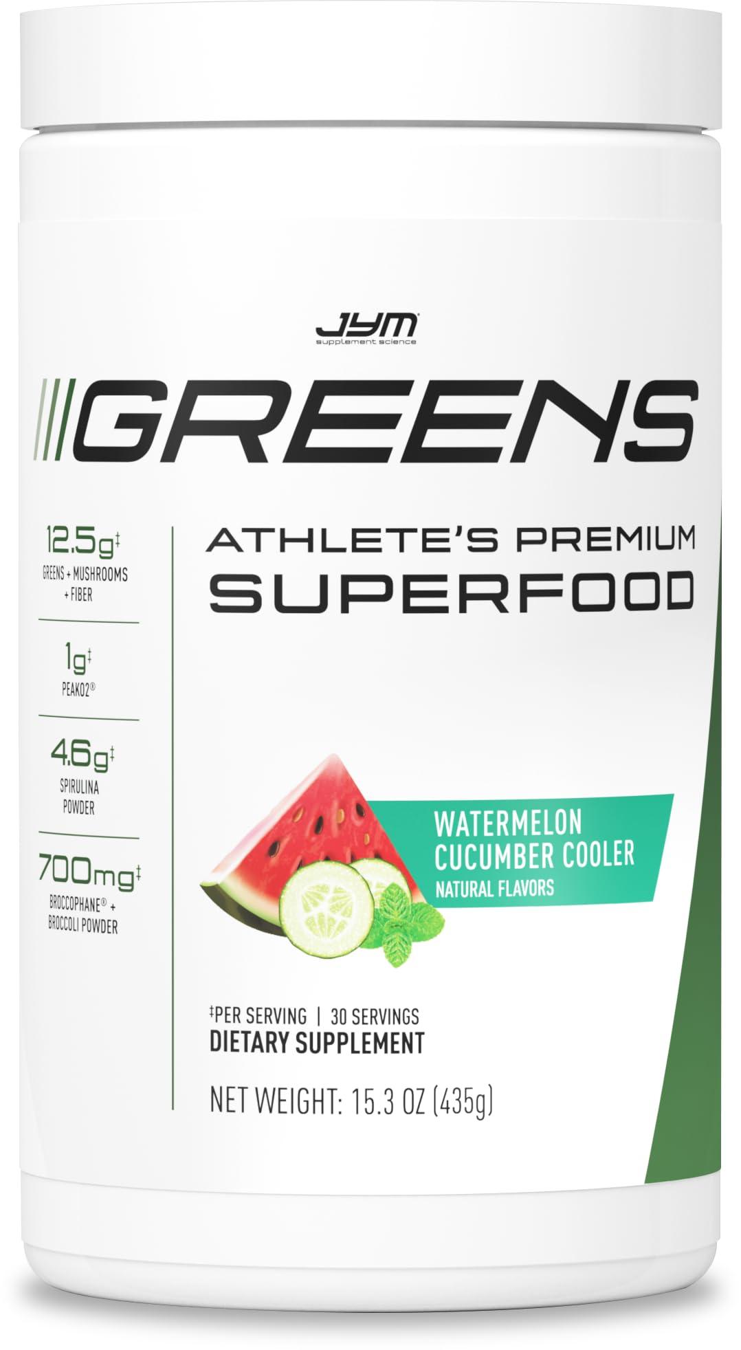 JYM Supplement Science JYM Greens Super Food Powder for Performance, Watermelon Cucumber, Spirulina, Mushrooms, Vitamins, BroccoPhane & Broccoli, Men & Women, 30 Servings