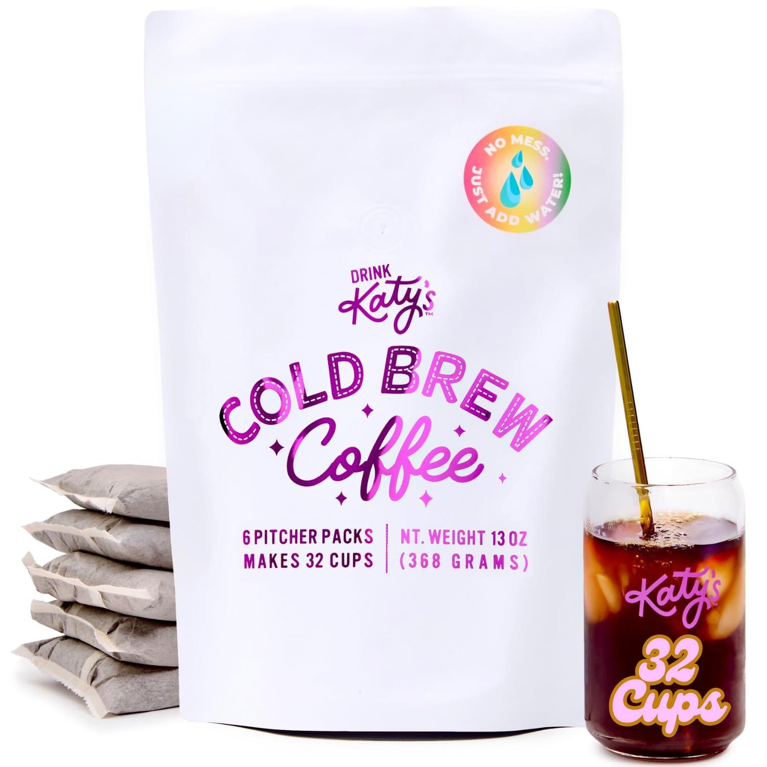 DRINK KATY'S Drink Katys Cold Brew Coffee Packs, 6 Large Ready-to-Brew Pitcher Packets, No More Messy Cold Brew, Smooth & Delicious Dark Roast Brazilian Craft Coffee, Proudly Woman-Owned (Makes 32 Servings) (6 Pack, Cold Brew)