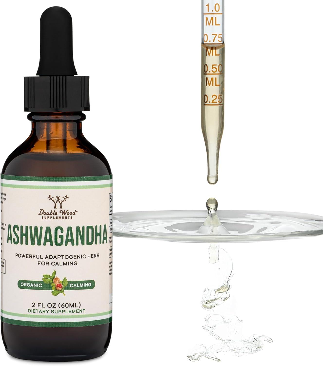 Double Wood Supplements Ashwagandha Organic Drops for Stress Relief (1,200mg, 60 Servings) Ashwagandha Tincture for Adrenal Support and Cortisol Manager (Vegan Safe, Gluten Free, Non-GMO) by Double Wood
