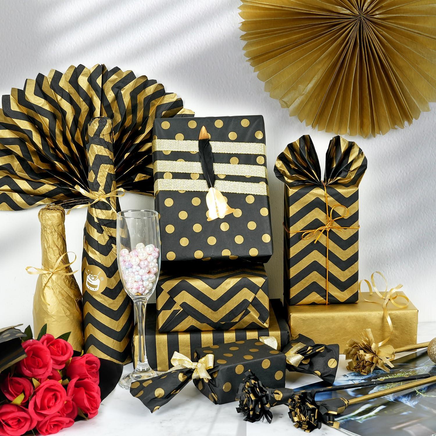 MAMUNU MAMUNU 100 Sheets Black and Gold Tissue Paper Bulk, Metallic Gift Wrapping Tissue Paper for Gift Bags Wrapping and Packaging, Black Gold Gift Wrap for Birthday Graduation Christmas, 14X20Inch