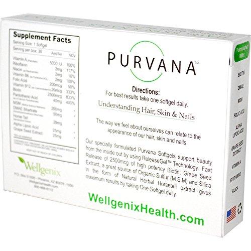 Wellgenix Wellgenix Purvana Hair, Skin, and Nails Vitamin Softgels for High Absorption - Double Strength 2500mcg Biotin, VIT A & B, Folic Acid, Grape Seed Extract - Herbal Supplement (30 Count)