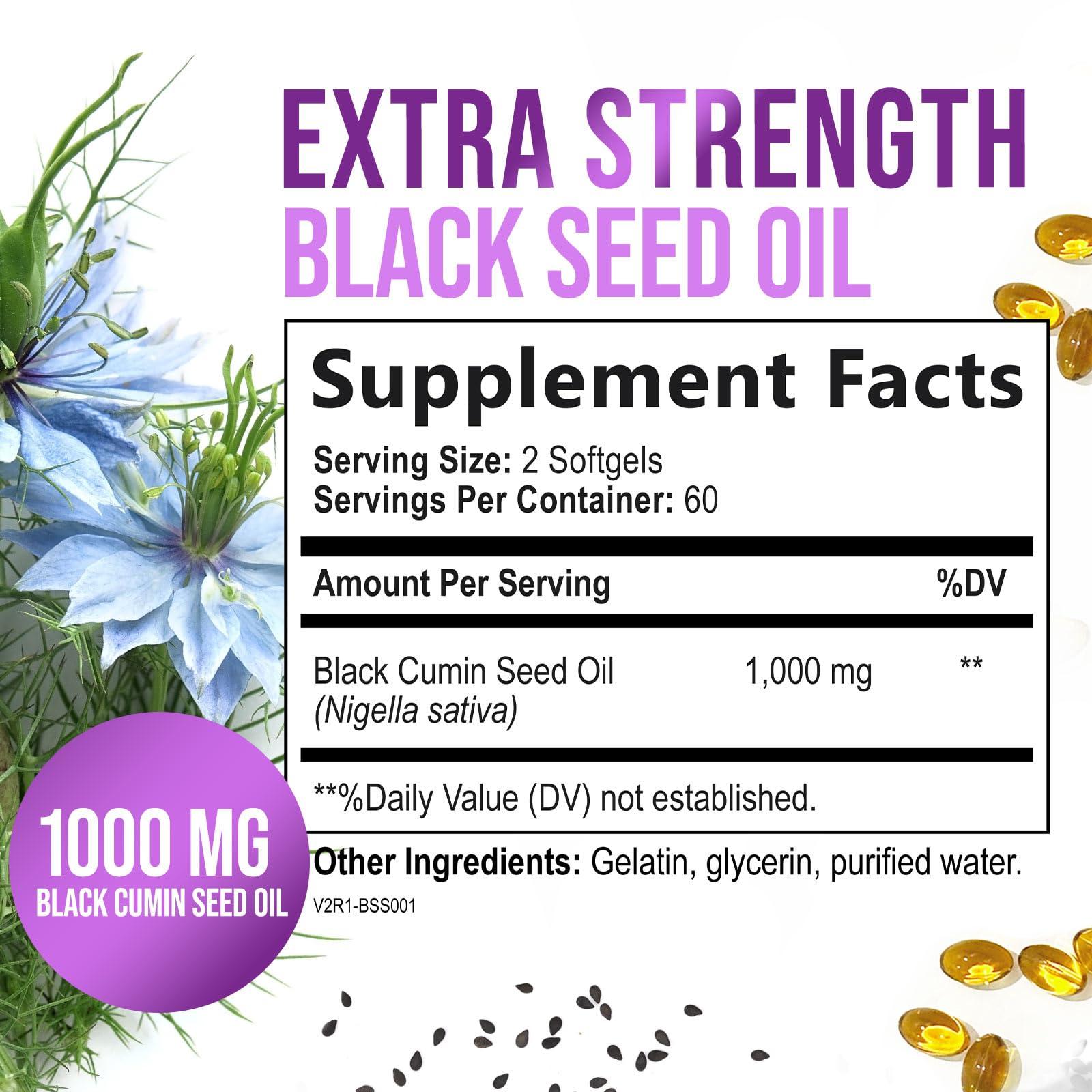 Nature\'s Strength Black Seed Oil 1000mg, Amazing Skin Health (Vegan & Non-GMO) Nigella Sativa for Joint, Hair & Immune Support, Best Extraction Above Cold Pressed Blackseed Oil, Pure Black Cumin Seed Oil - 120 Softgels