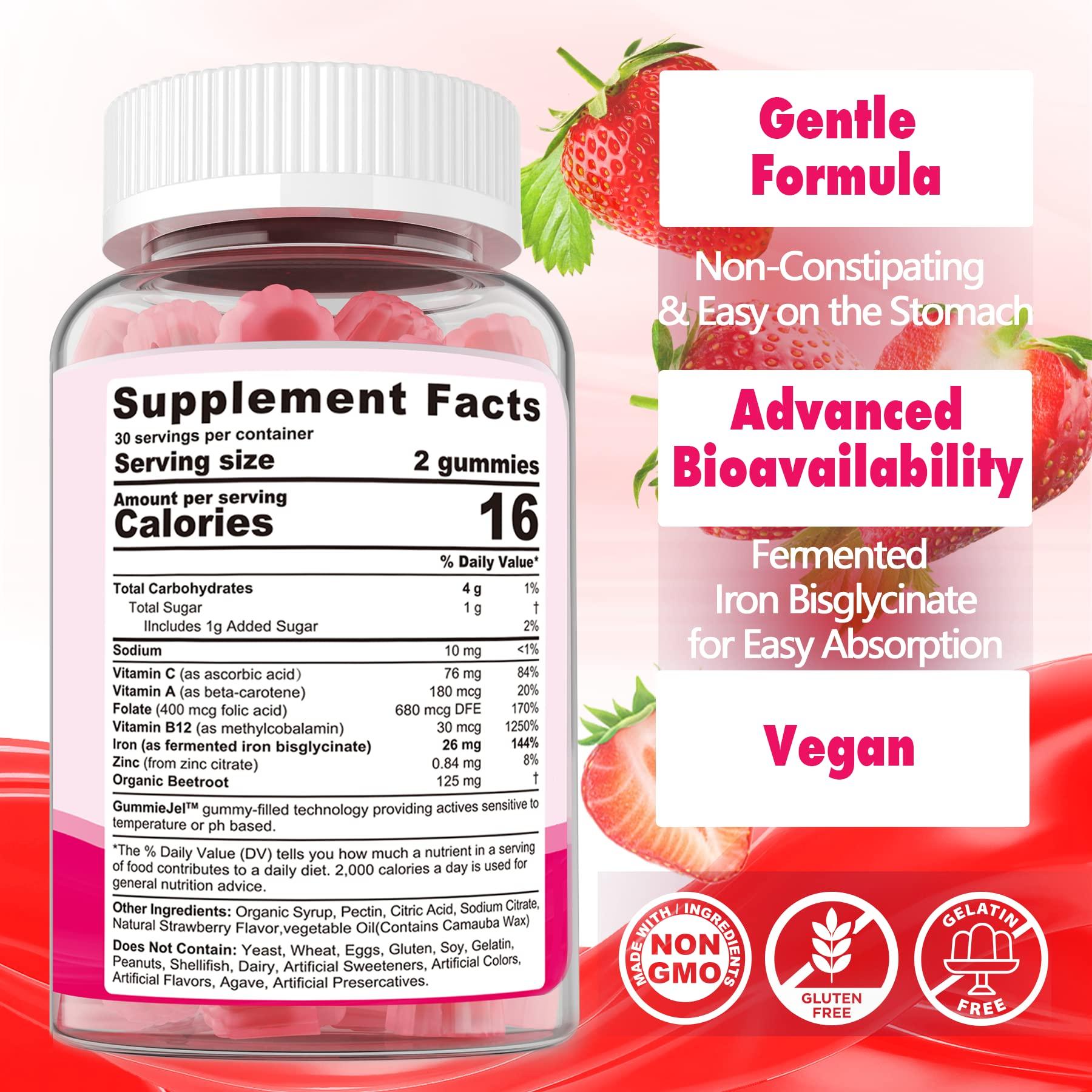 NextDia Iron Bisglycinate 26mg Filled Gummies - Gentle Beet Root Iron Gummy plus Vitamin C, Supplement Iron with B12 & Folate for Women & Men, Iron Deficiency, Immune & Energy Support, Sugar-Free, Vegan,60Cts