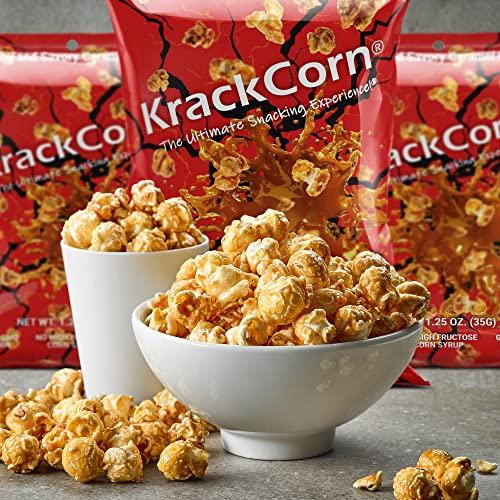 KrackCorn KrackCorn Caramel Popcorn. Award Winning Small Batch Caramel Corn Popcorn Unlike Anything You Have Tried Before! Caramel Flavored Popcorn for Movie Night or Game Night. Tasty Sweet and Salty Popcorn. Non GMO. Gluten Free Snacks. 1.25oz (Pack of 12)