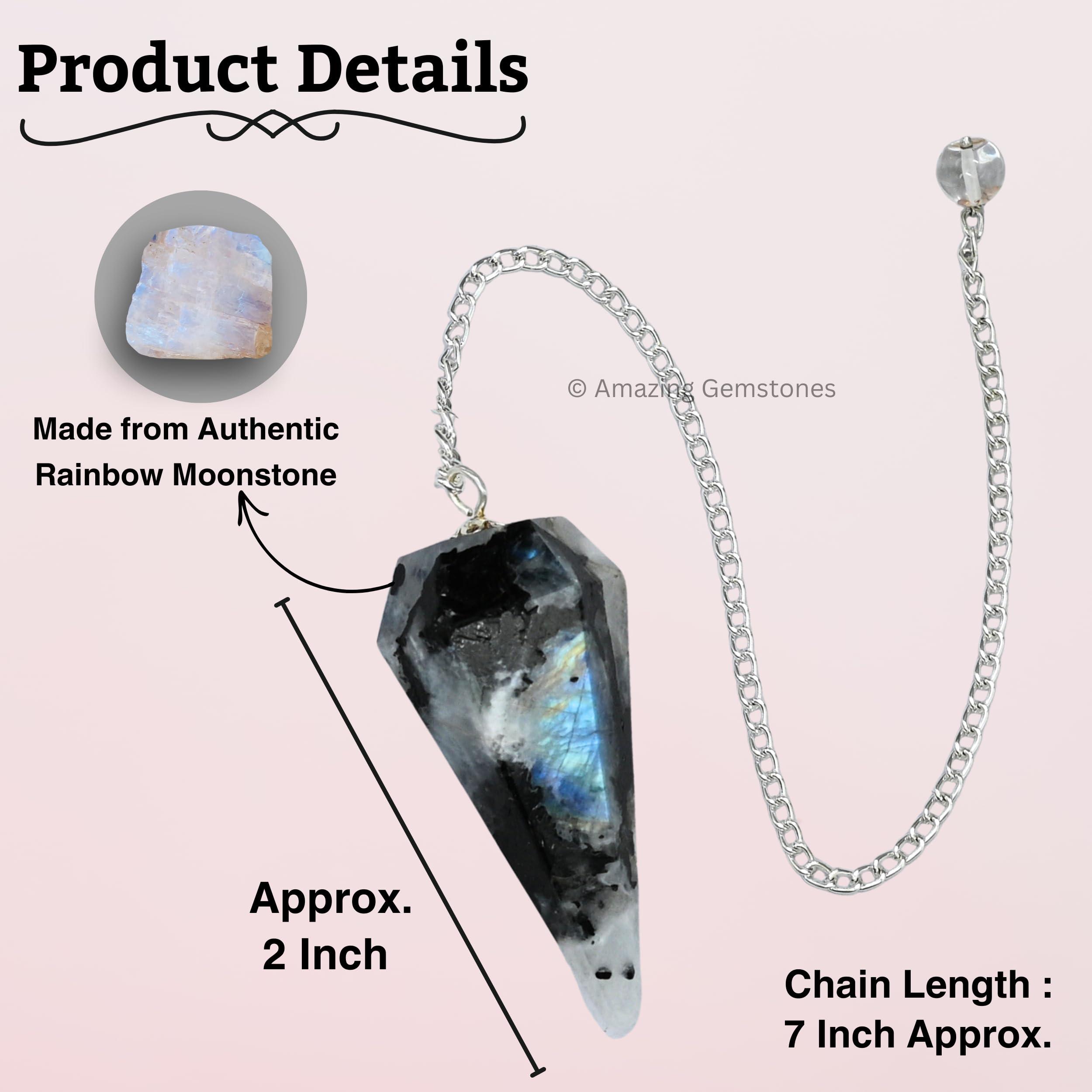 Amazing Gemstone Amazing Gemstone Rainbow Moonstone Crystal Pendulum for Divination - Dowsing Pendulum with Chain and Crystal Ball for Reiki Healing and Crystal Grid Meditation
